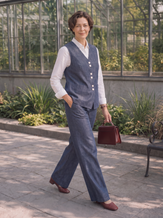 100% Linen Reversible Denim Texture Button Front Vest HARPER by LINTICO