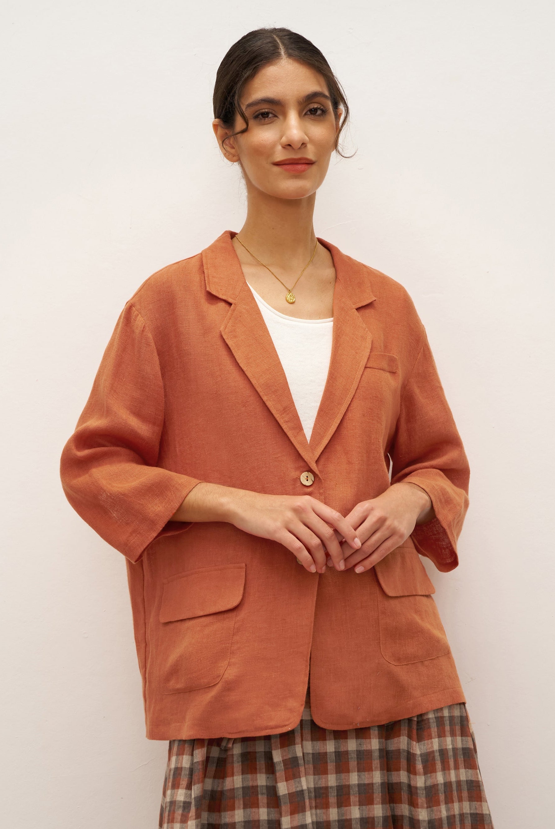 100% Linen 3/4 Sleeve Drop Shoulder Blazer DARA - Burnt Orange / S - TOPS-Linen Jackets