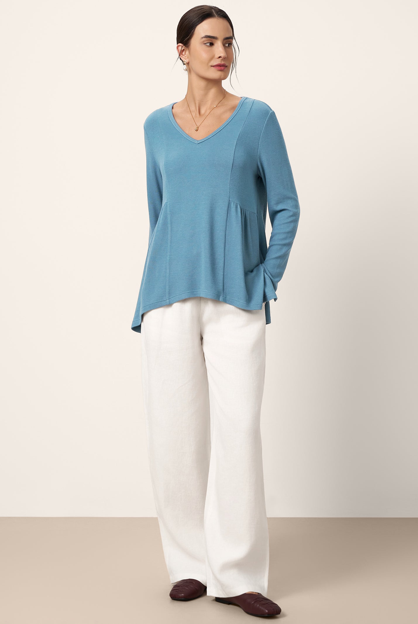 Wool-Blend Sweetheart Pleated Long Sleeve Top AMBER by LINTICO for women