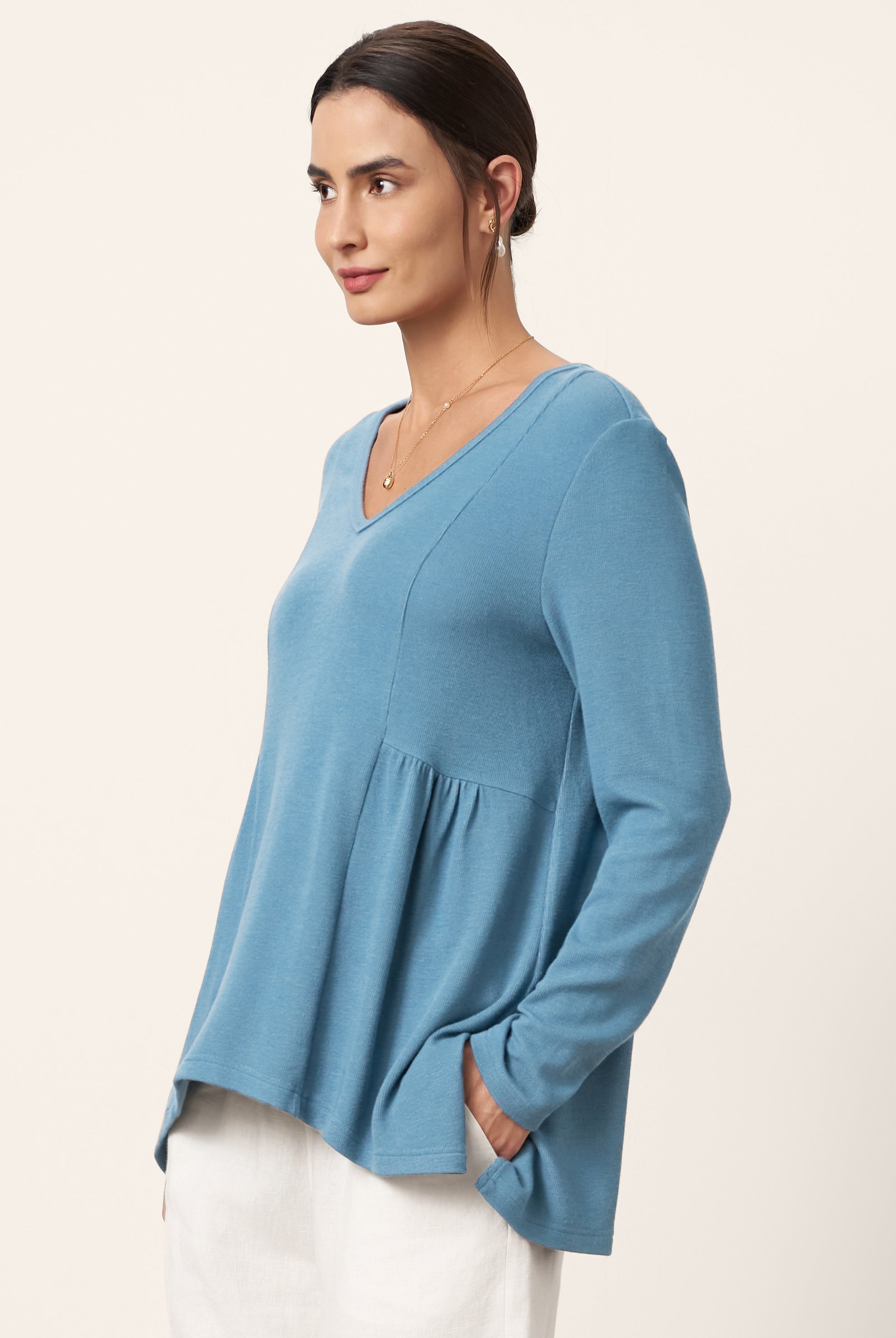 Wool-Blend Sweetheart Pleated Long Sleeve Top AMBER by LINTICO for women