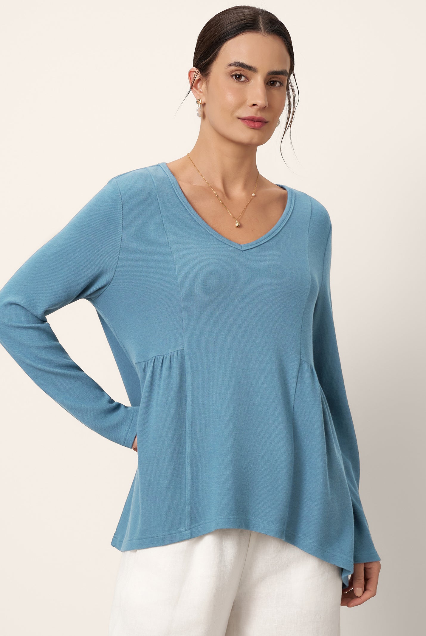 Wool-Blend Sweetheart Pleated Long Sleeve Top AMBER by LINTICO for women
