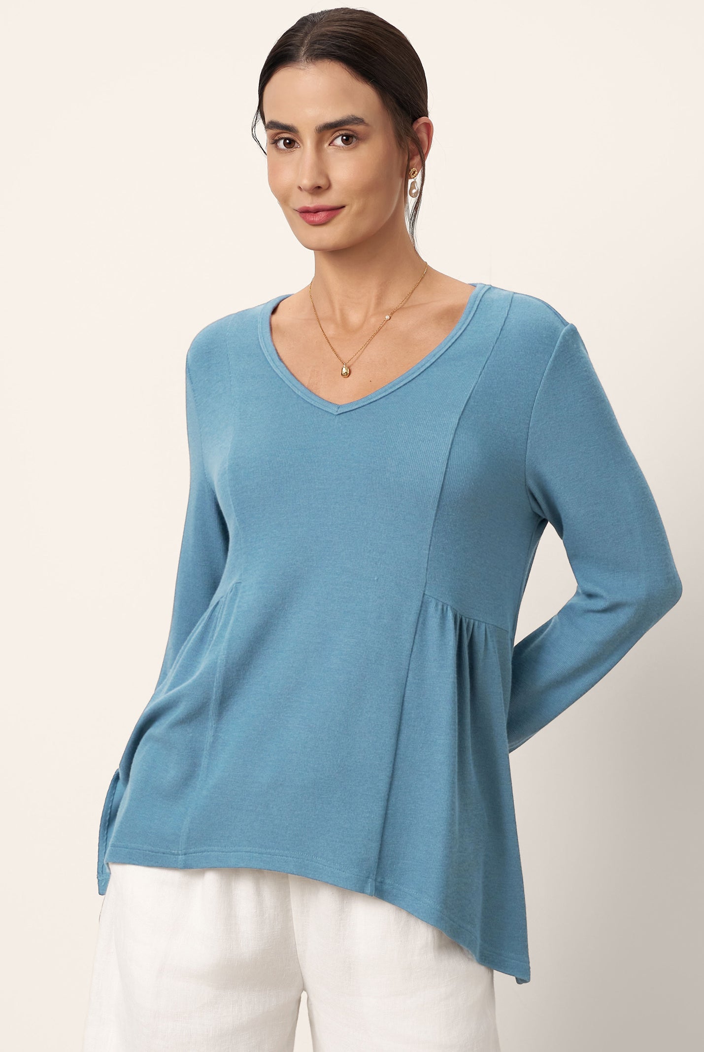 Wool-Blend Sweetheart Pleated Long Sleeve Top AMBER by LINTICO for women