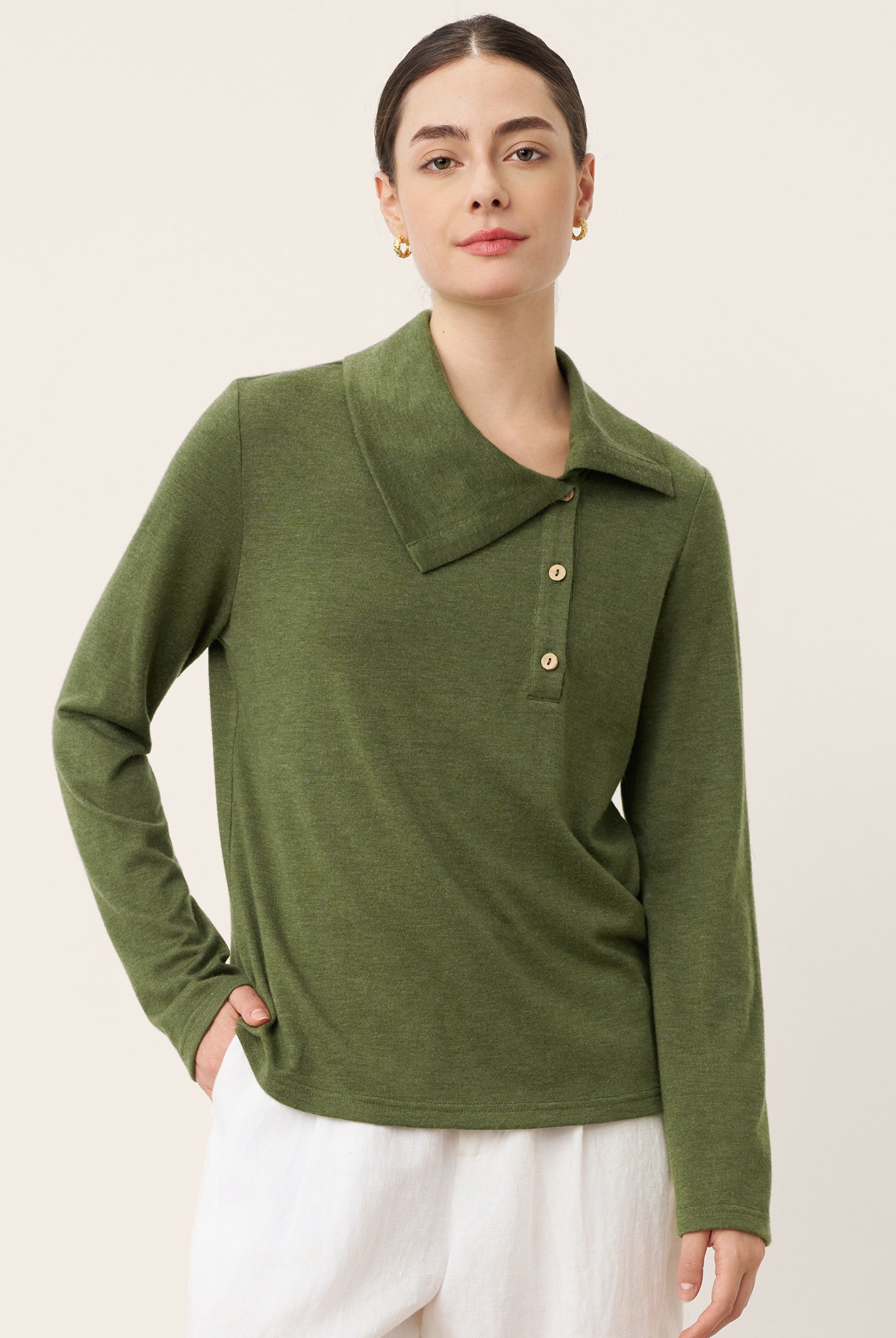 Wool Asymmetric Lapel Fruit Button Decor Top YSABEL by LINTICO for women