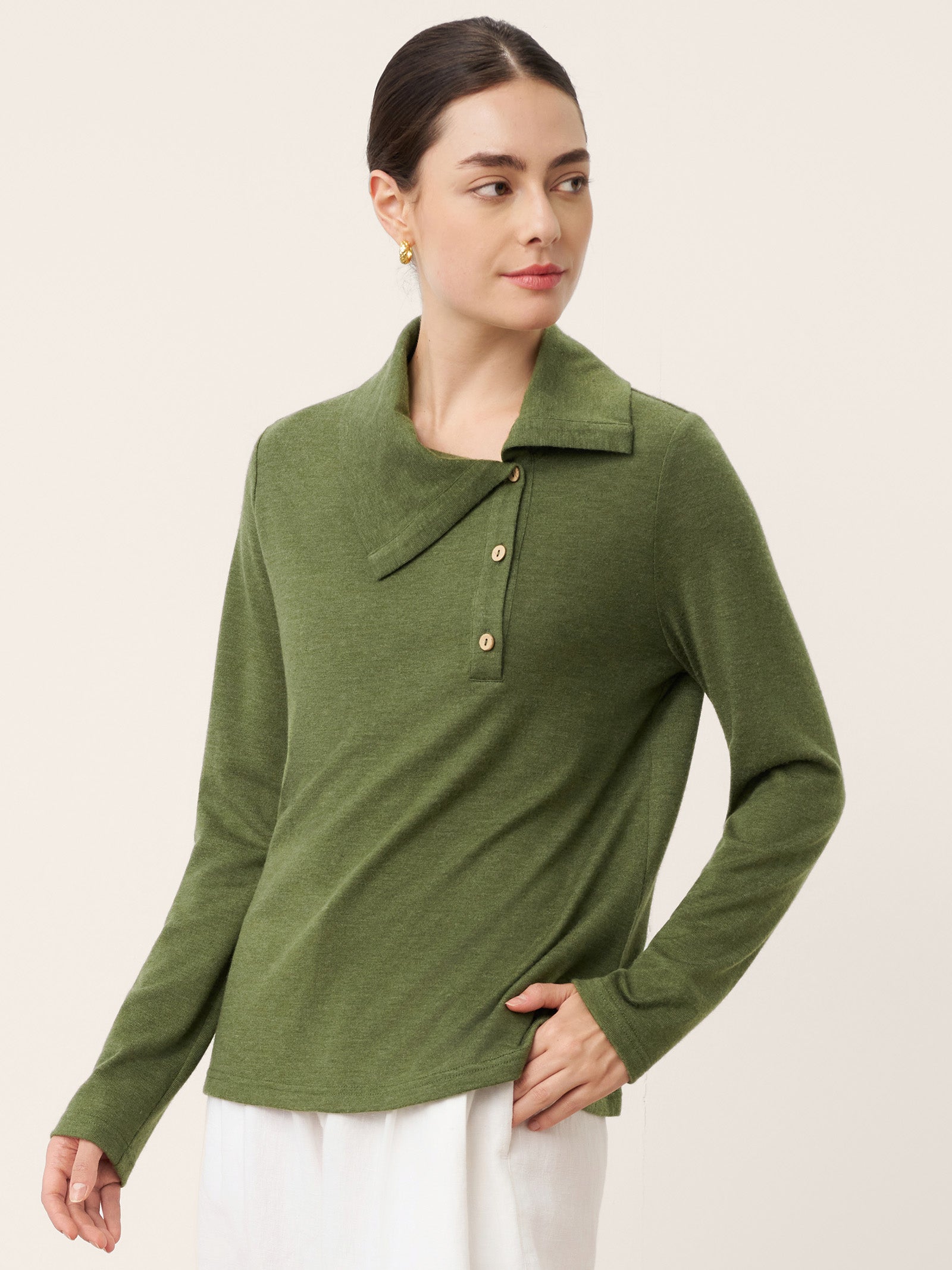 Wool Asymmetric Lapel Fruit Button Decor Top YSABEL by LINTICO for women