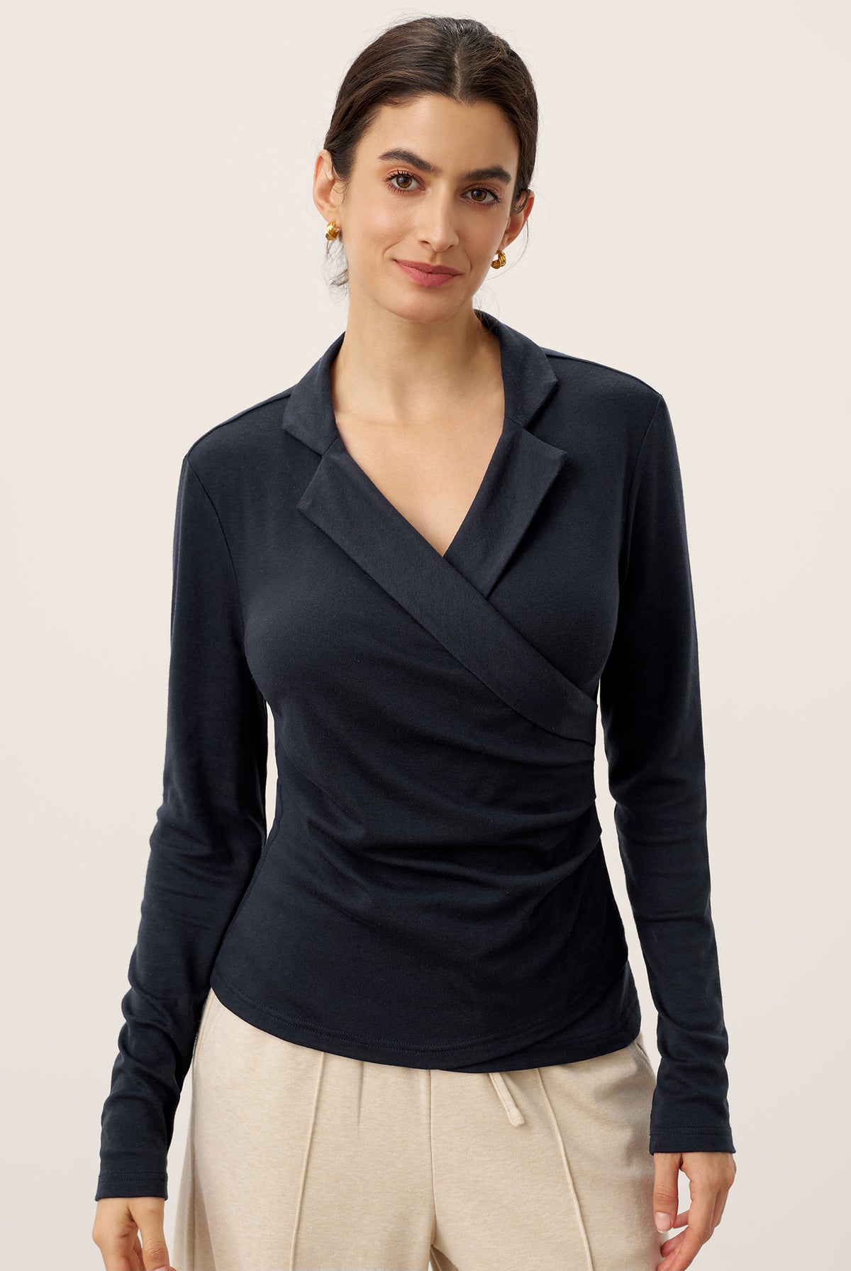 Wool Asymmetric Side Ruched Stretch Top BRIONY by LINTICO for women