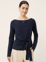Merino Wool Belted Waist Boat Neck Top NATALIA by LINTICO for women