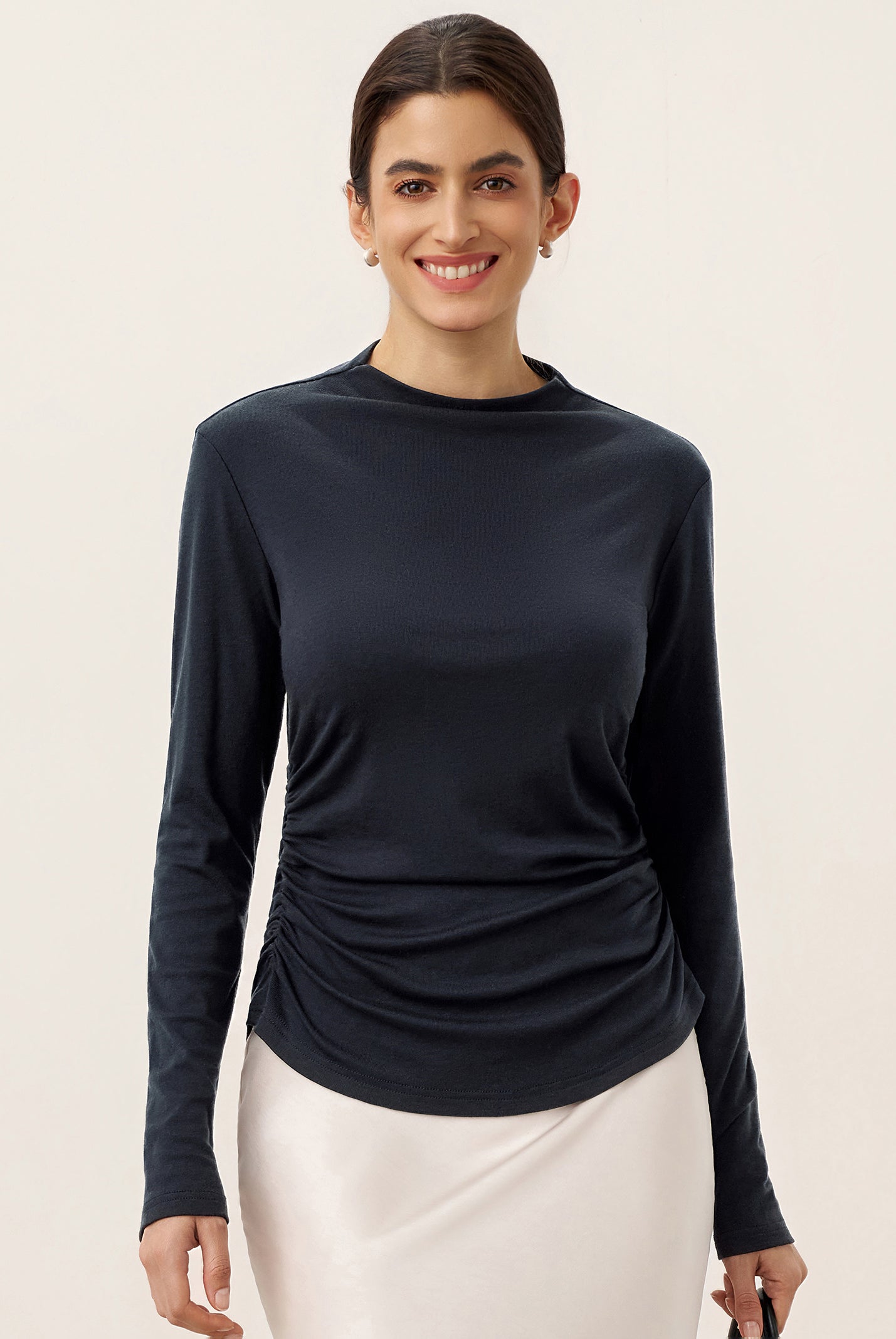 Wool Mock Neck Waist Pleat Top ISOLDE by LINTICO for women