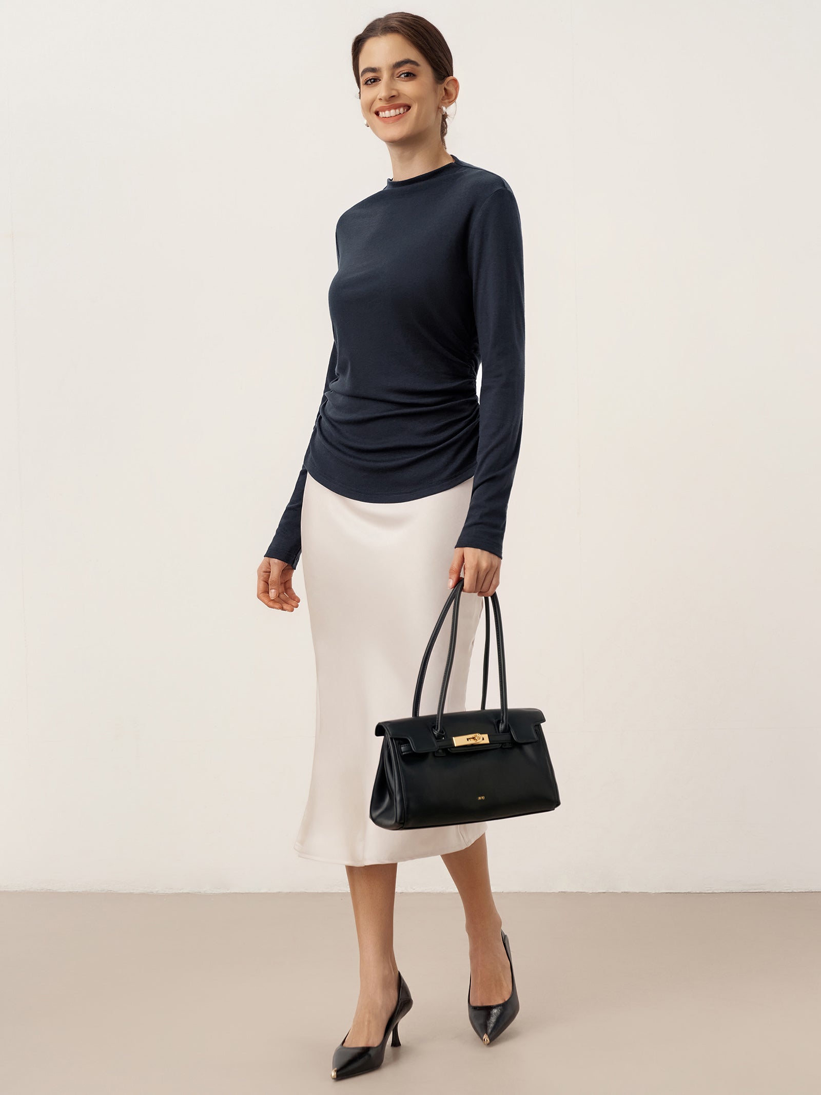 Wool Mock Neck Waist Pleat Top ISOLDE by LINTICO for women