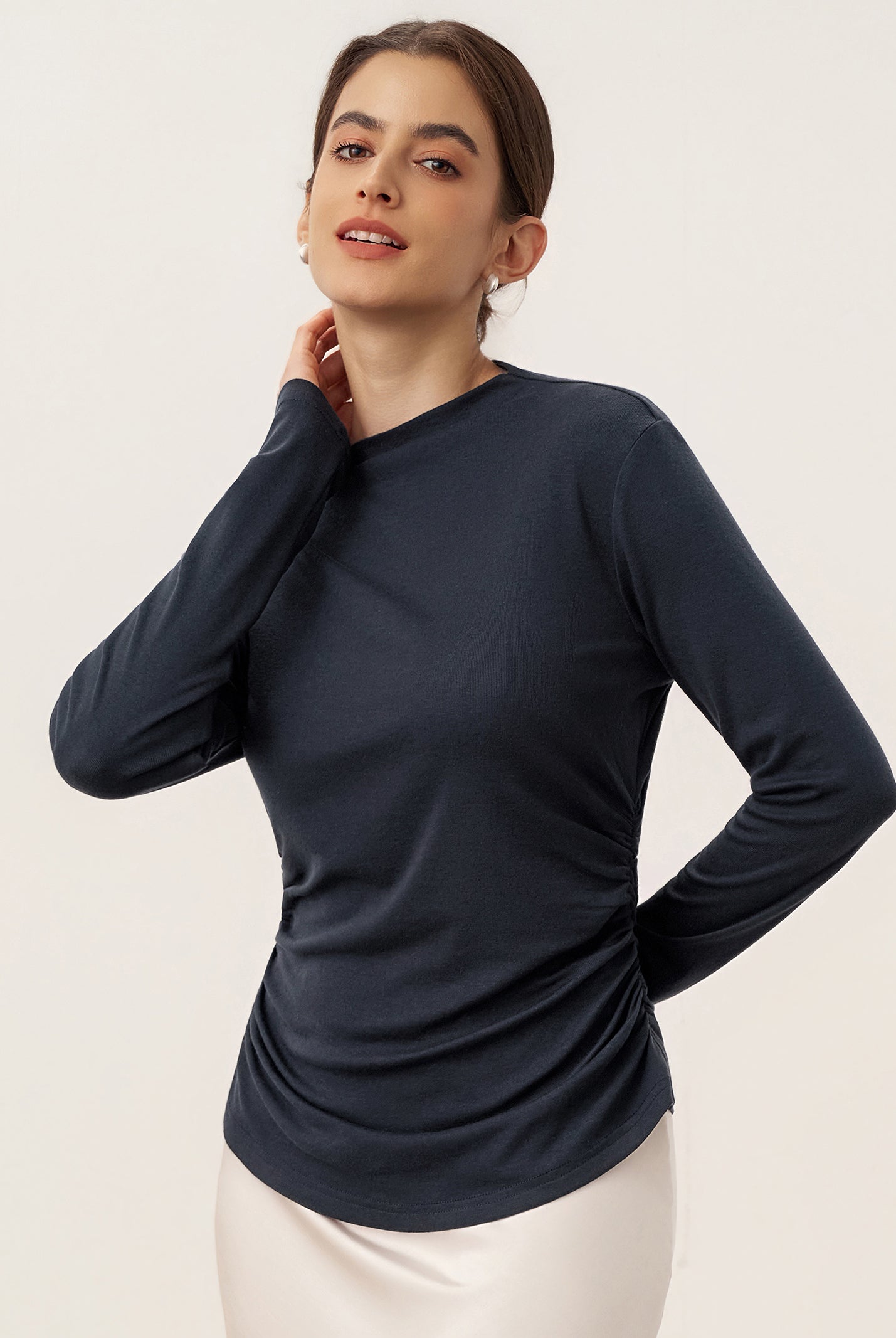 Wool Mock Neck Waist Pleat Top ISOLDE by LINTICO for women