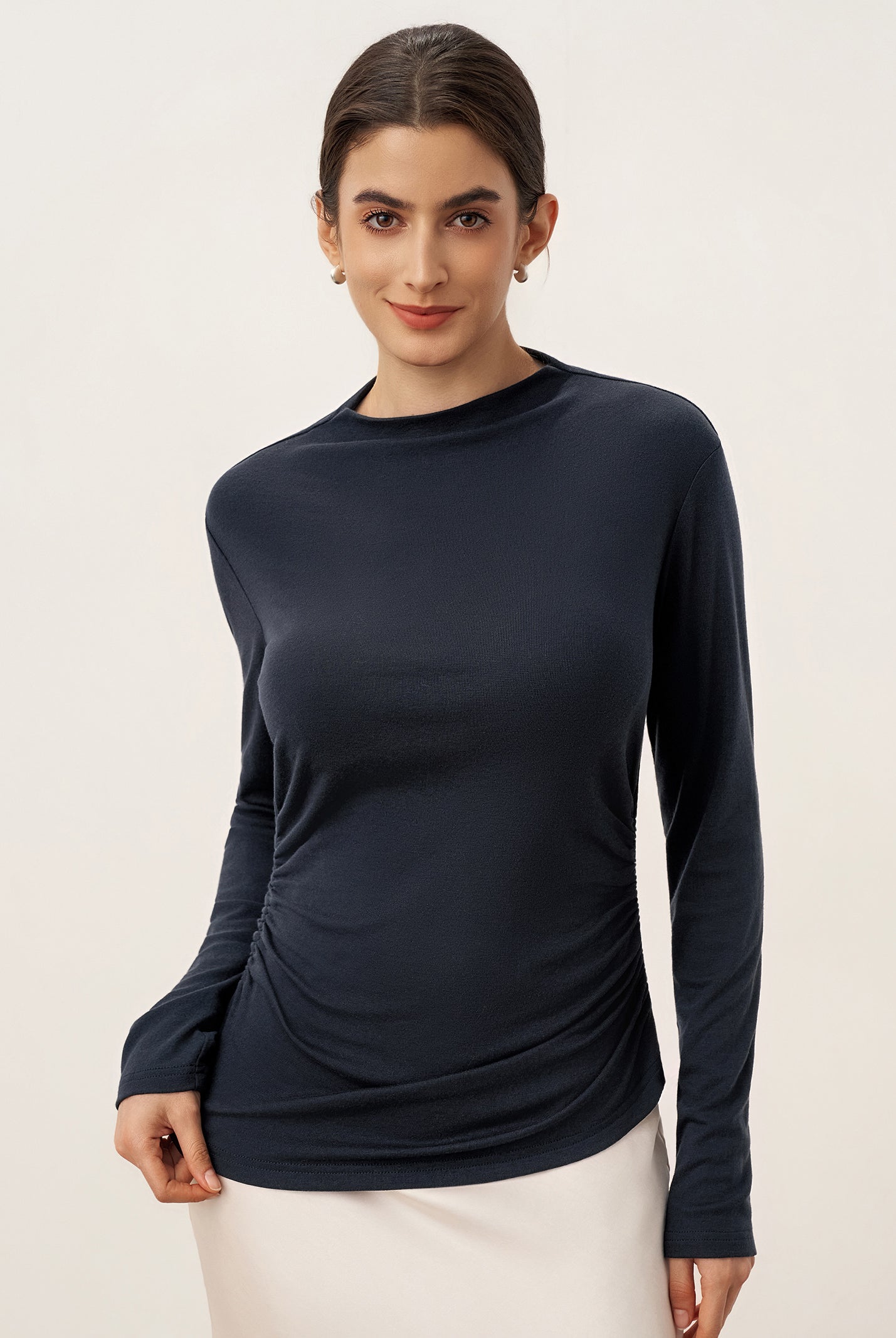 Wool Mock Neck Waist Pleat Top ISOLDE by LINTICO for women