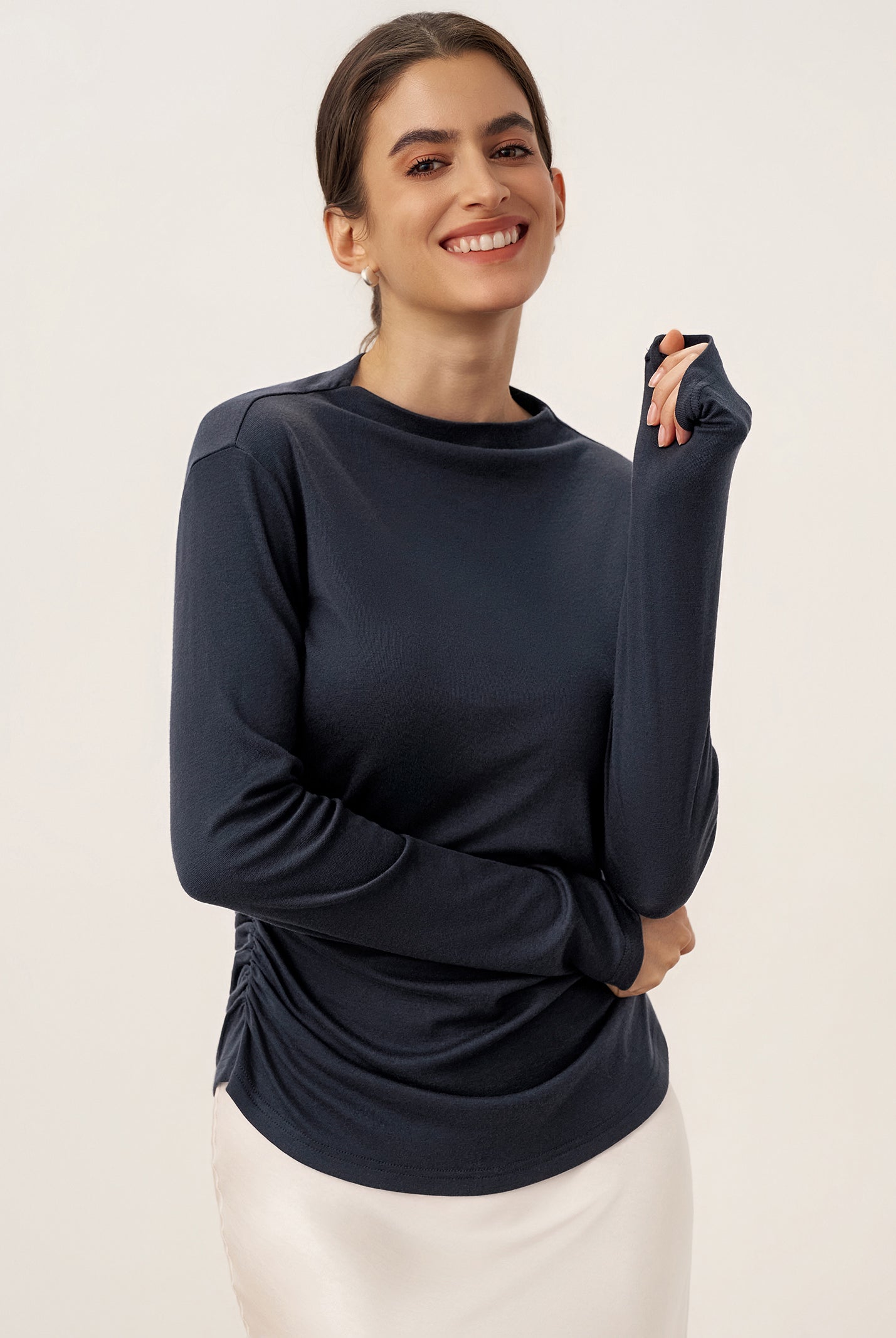 Wool Mock Neck Waist Pleat Top ISOLDE by LINTICO for women