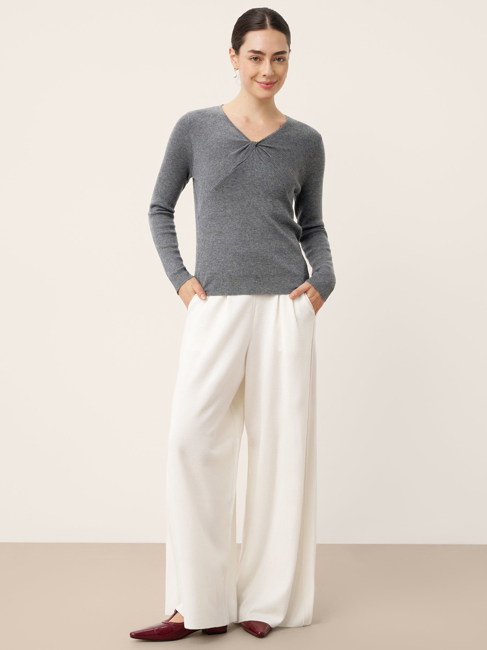 Merino Wool Ruched Panel V-Neck Top RAVEN by LINTICO for women