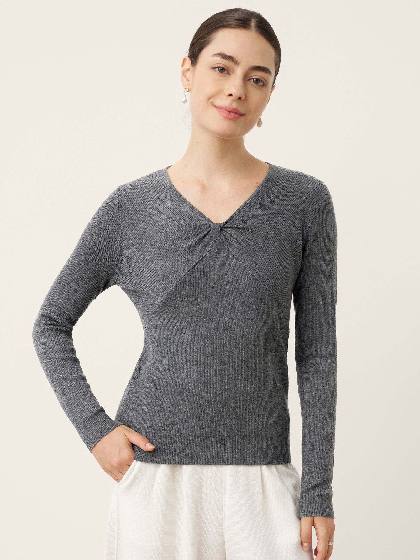 Merino Wool Ruched Panel V-Neck Top RAVEN by LINTICO for women