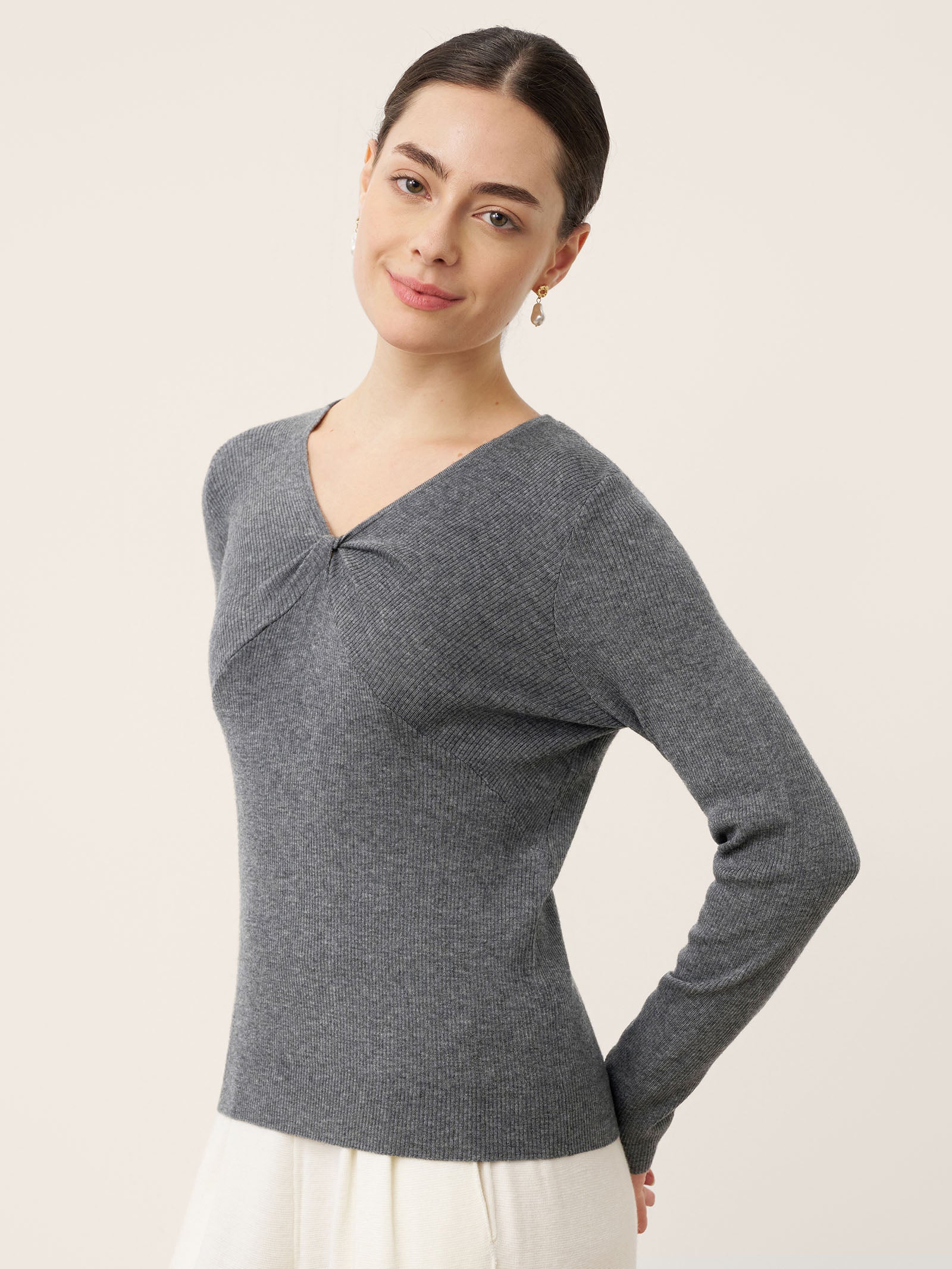 Merino Wool Ruched Panel V-Neck Top RAVEN by LINTICO for women