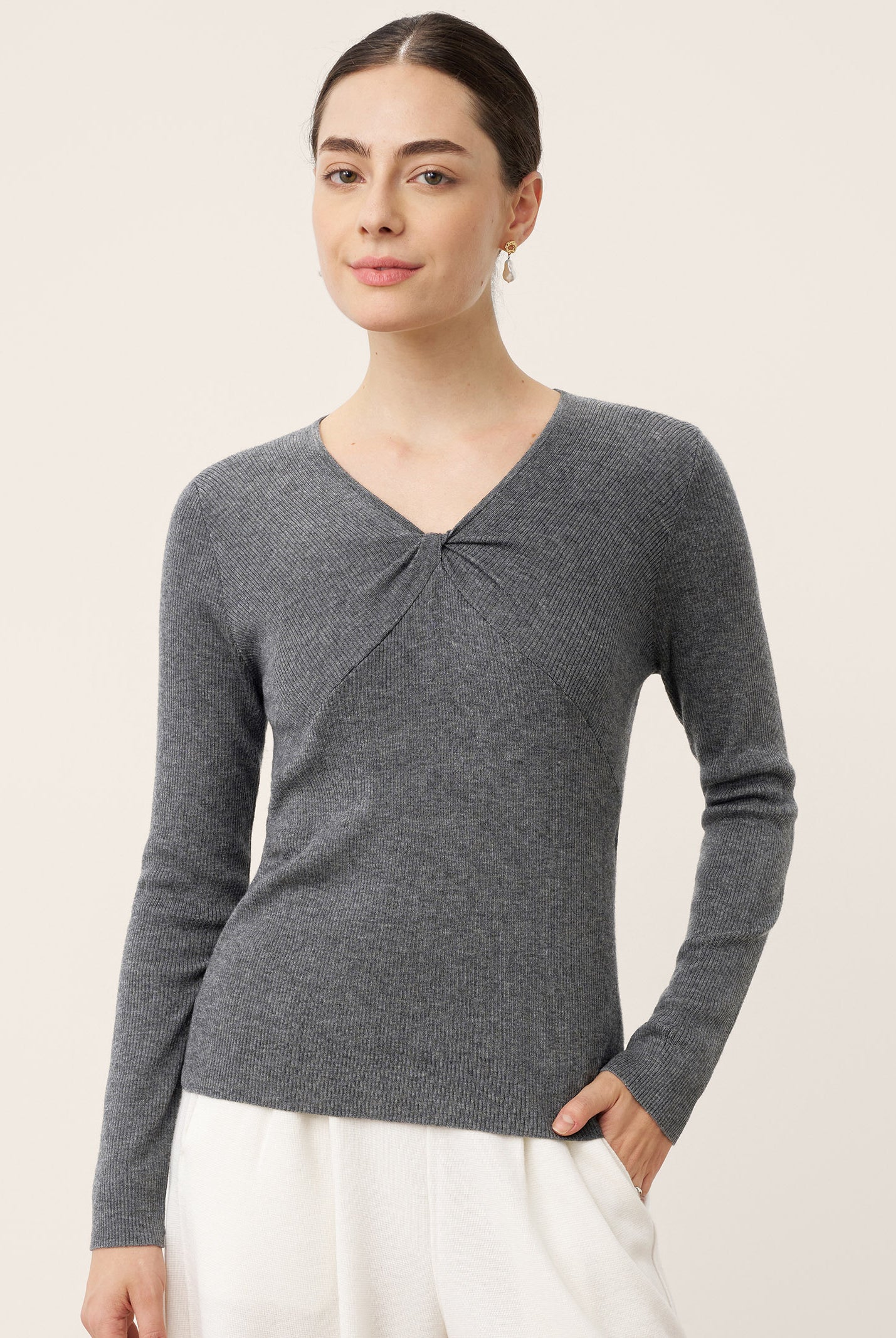 Merino Wool Ruched Panel V-Neck Top RAVEN by LINTICO for women