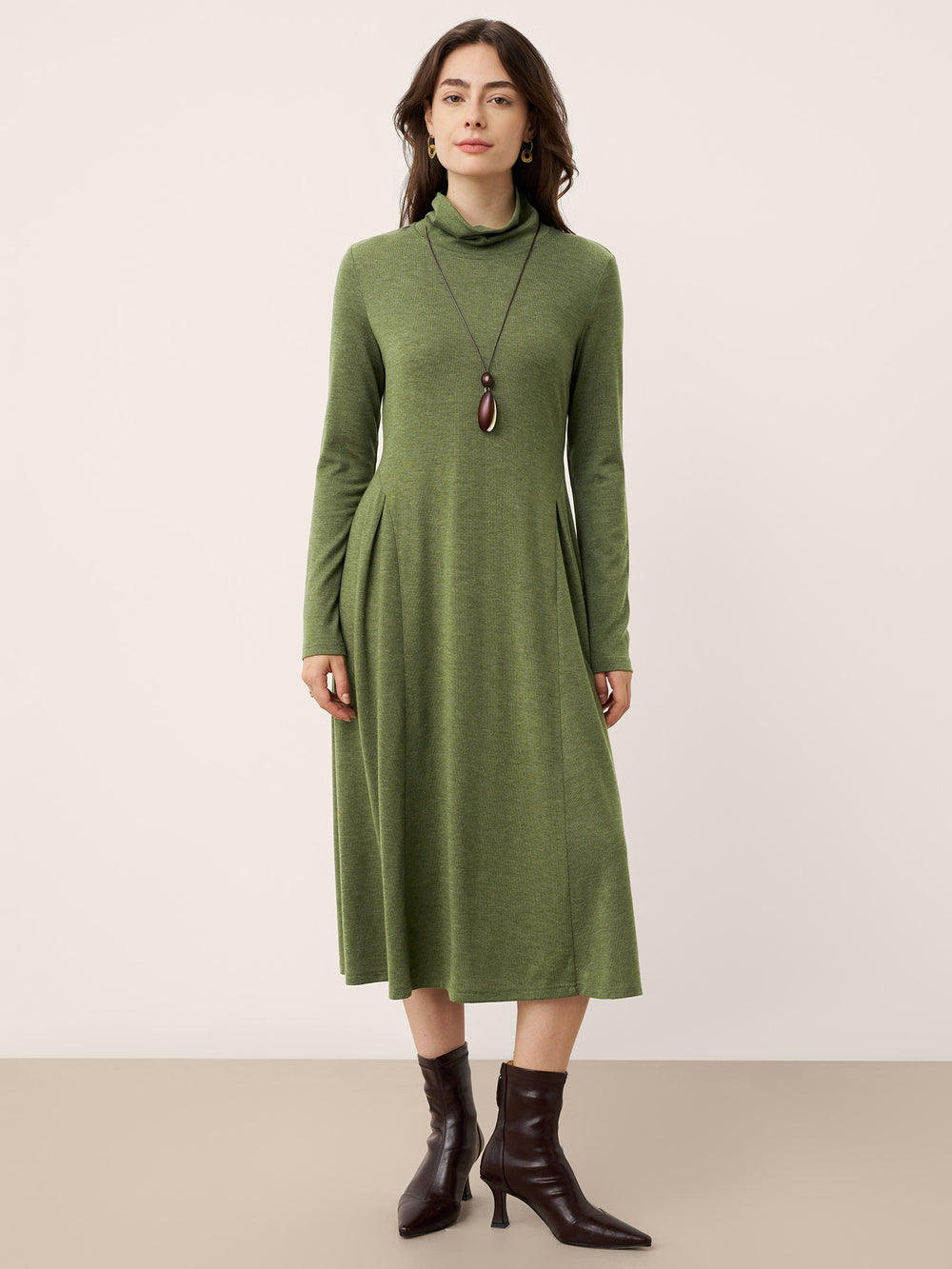 Wool Sculpted Pleats Turtleneck Midi Dress BRIAR