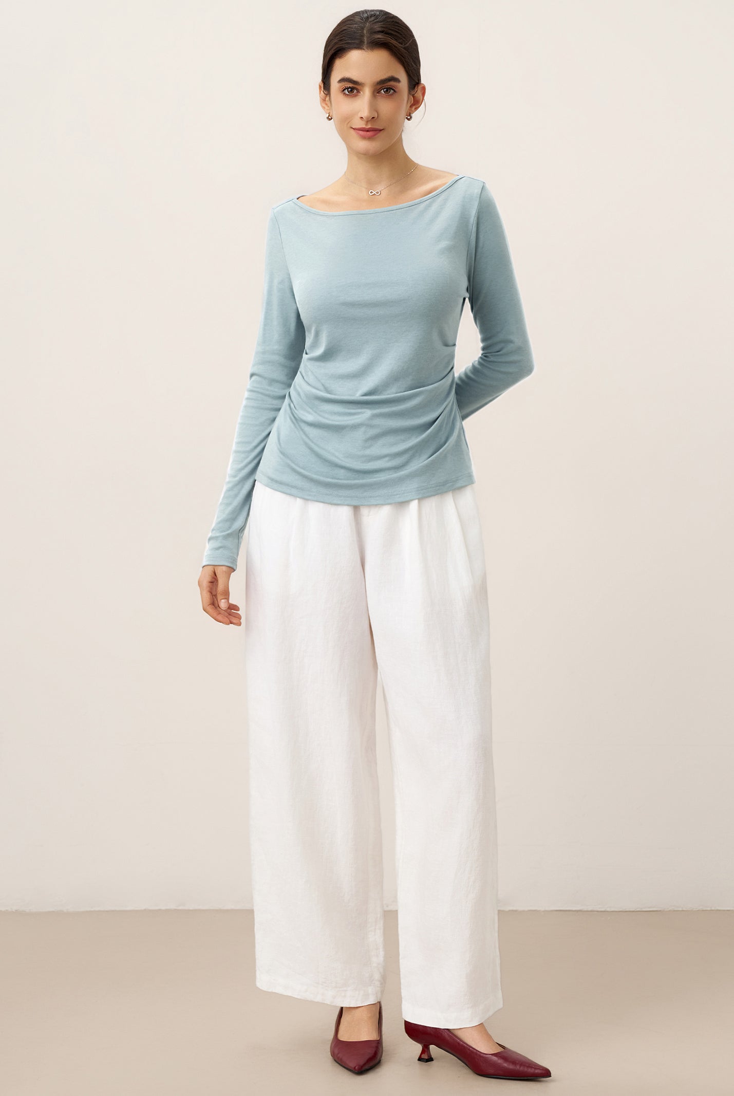 Wool Side Ruched Boat Neck Stretch Top VIVIEN by LINTICO for women