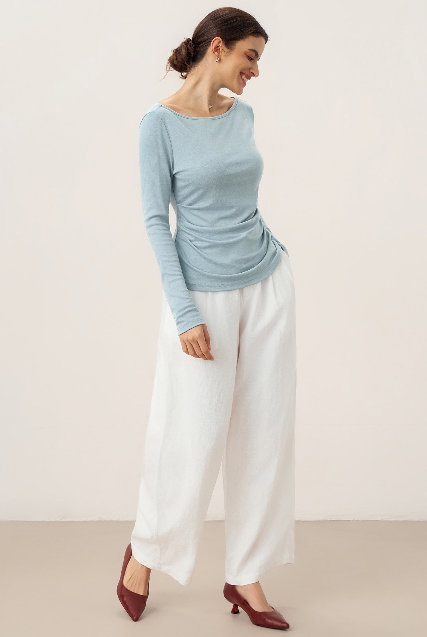 Wool Side Ruched Boat Neck Stretch Top VIVIEN by LINTICO for women