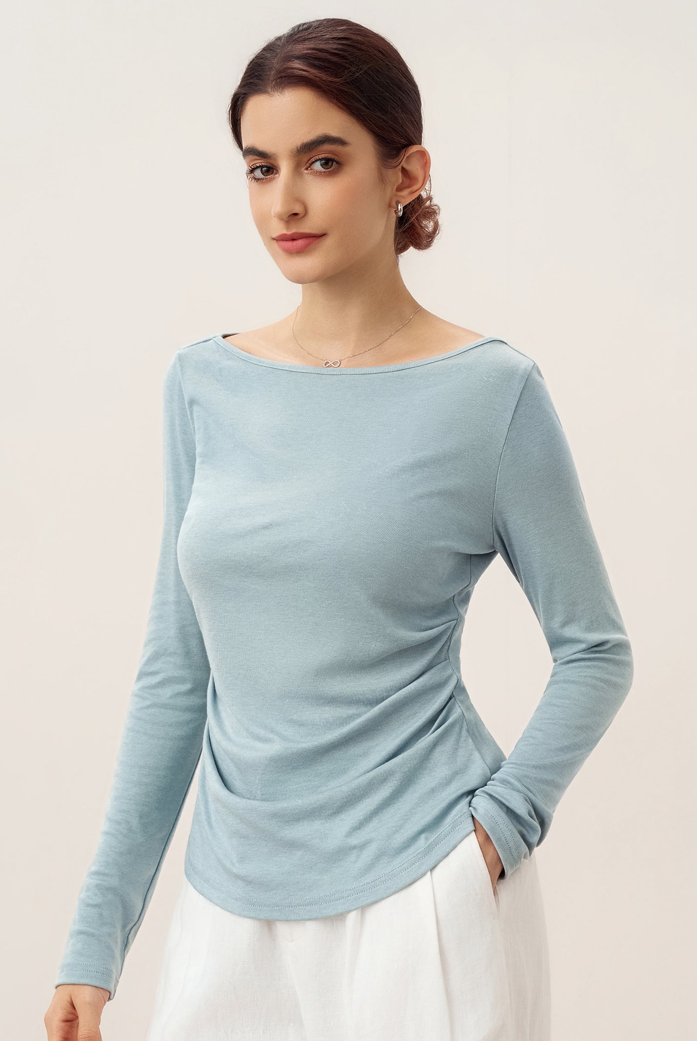Wool Side Ruched Boat Neck Stretch Top VIVIEN by LINTICO for women