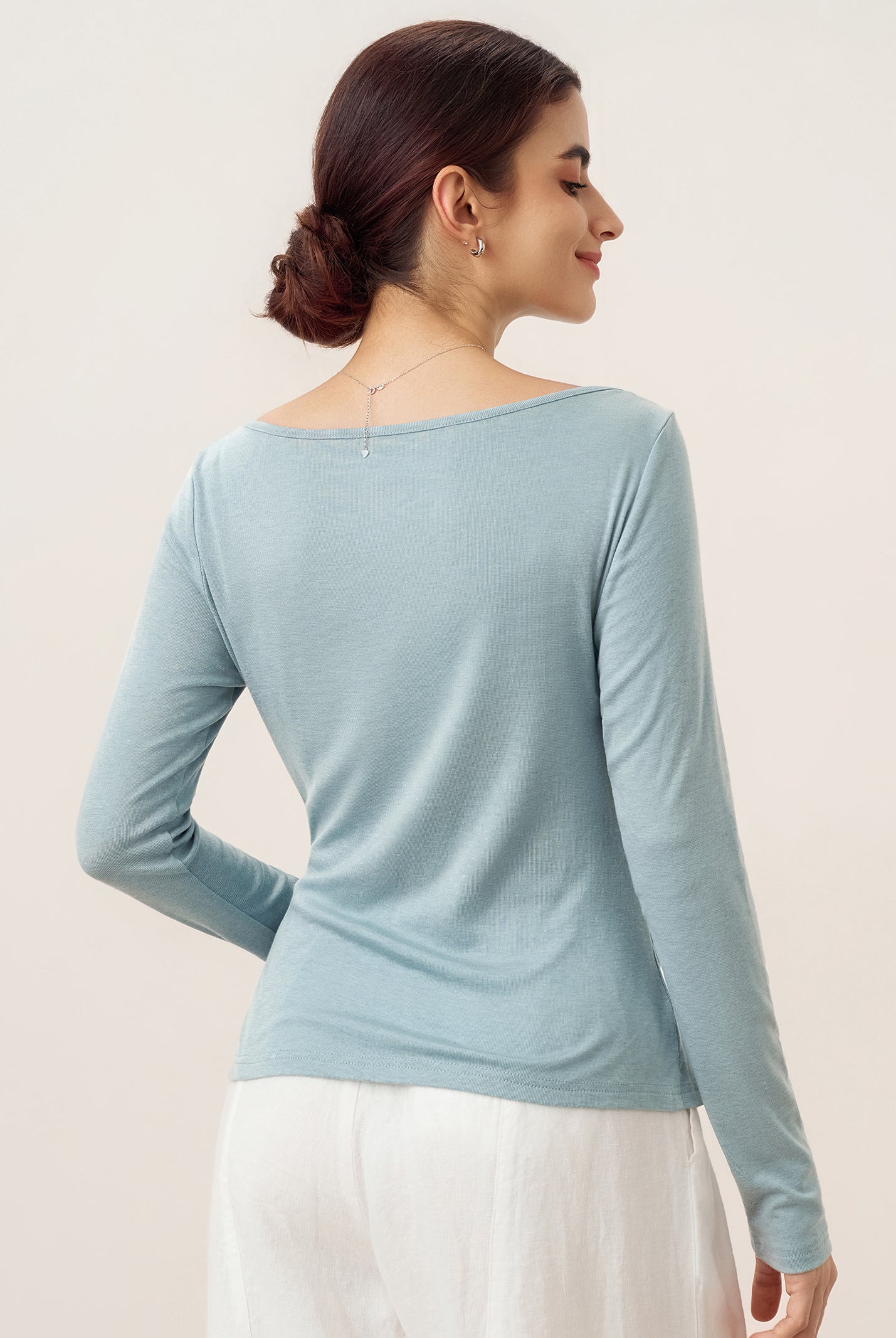 Wool Side Ruched Boat Neck Stretch Top VIVIEN by LINTICO for women