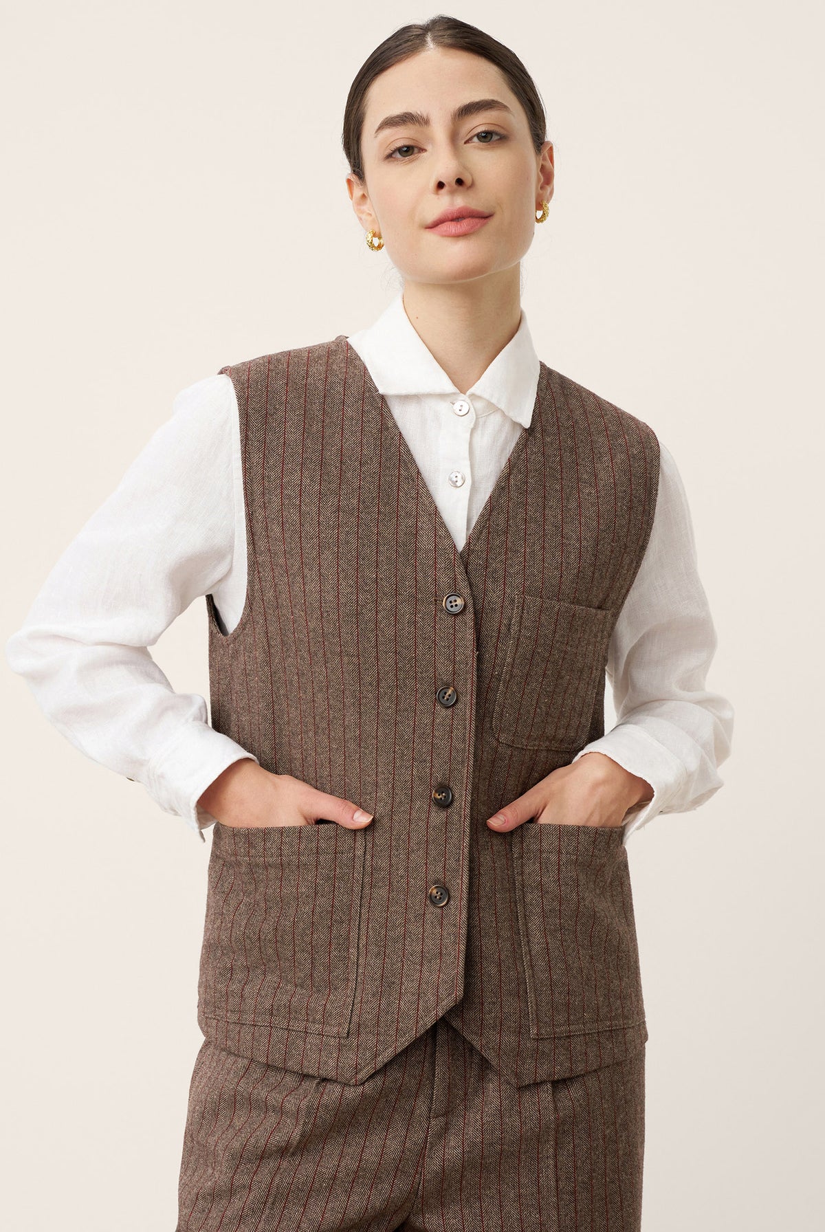 Wool Striped V-Neck Button-Detail Vest ELUNED by LINTICO for women