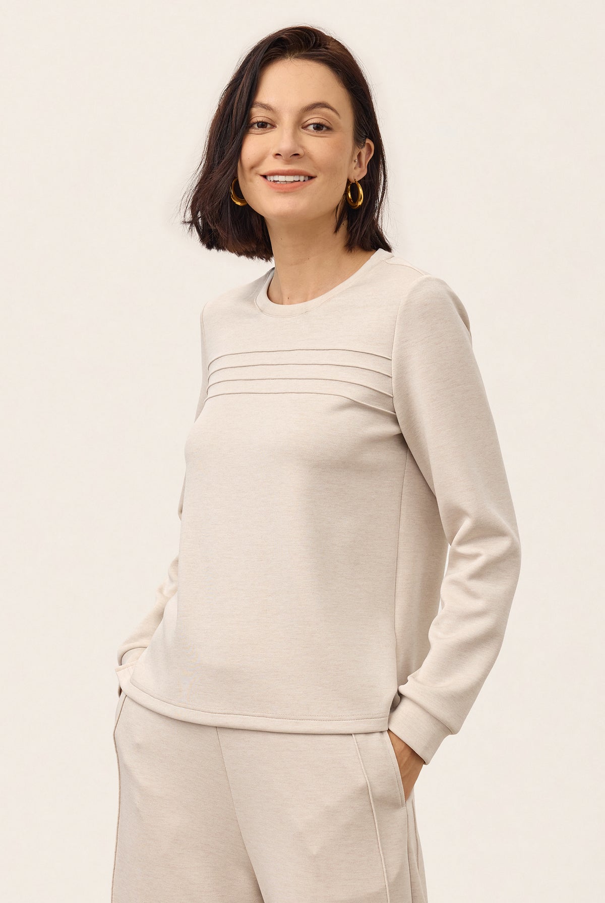 Oat Melange Wool Accordion Pleat Long Sleeve Top ORABEL