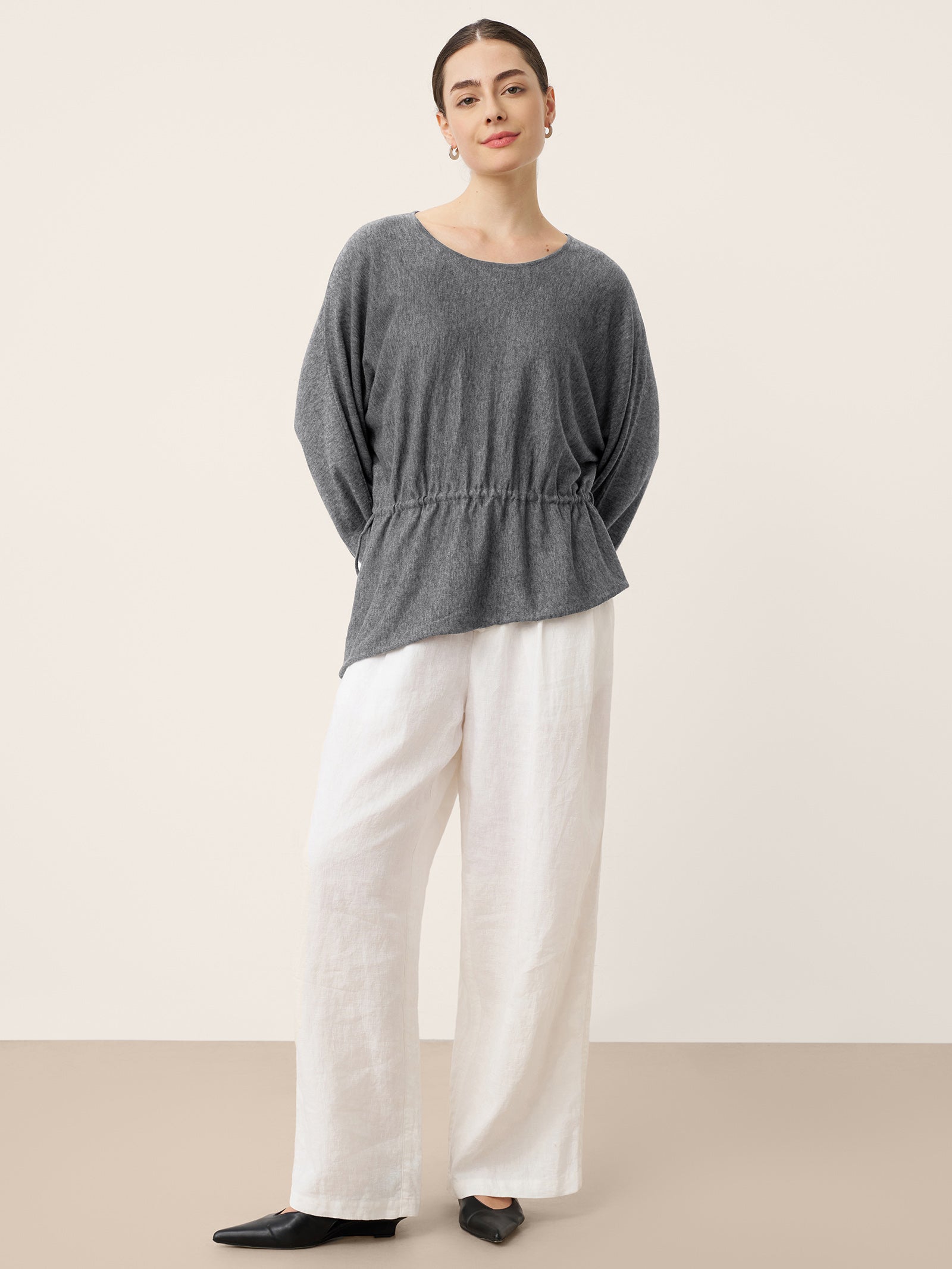 Merino Wool Asymmetric Drawstring Hem Loose Top WREN by LINTICO for women