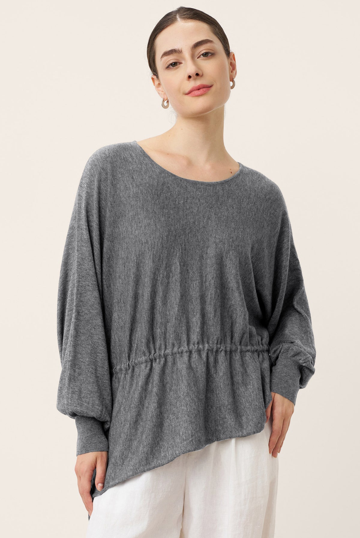 Merino Wool Asymmetric Drawstring Hem Loose Top WREN by LINTICO for women