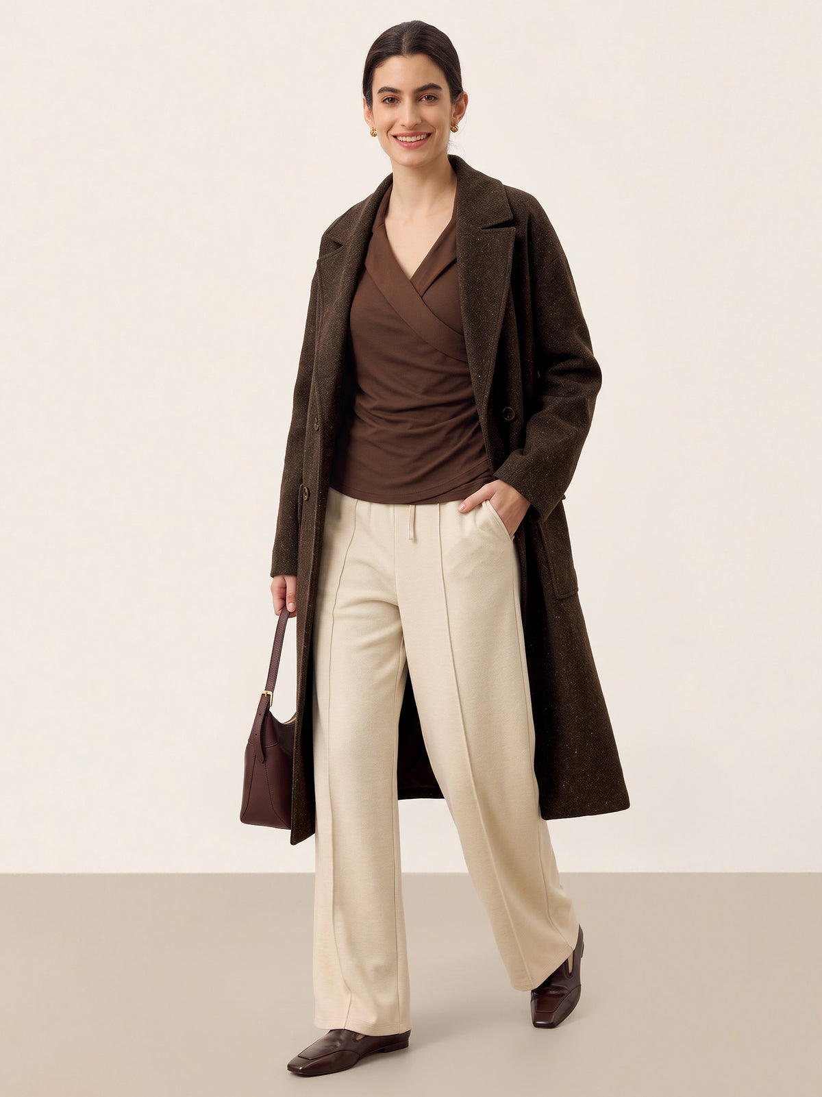Wool Asymmetric Side Ruched Stretch Top BRIONY in Sweet Hazelnut