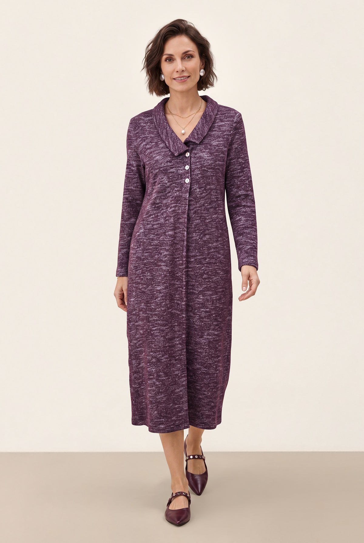 Mulberry Melange Wool Cotton Melange Collared Knit Midi Dress CORALIE by LINTICO