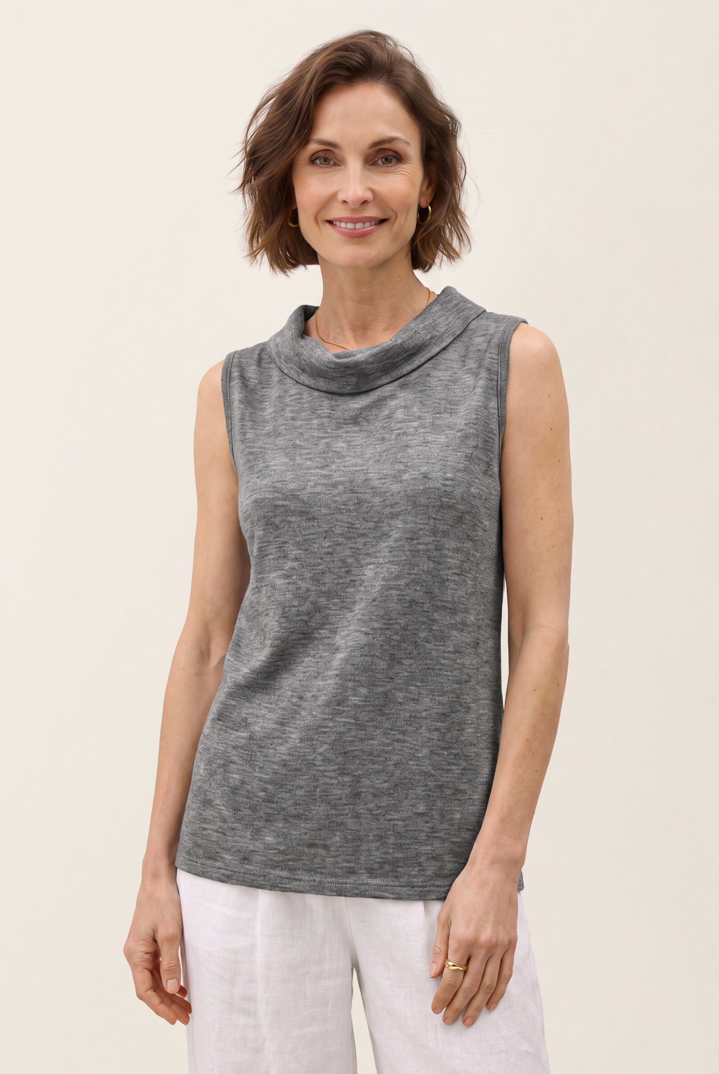 Silver Melange Wool Draped Collar Sleeveless Knit Top NADINE by LINTICO