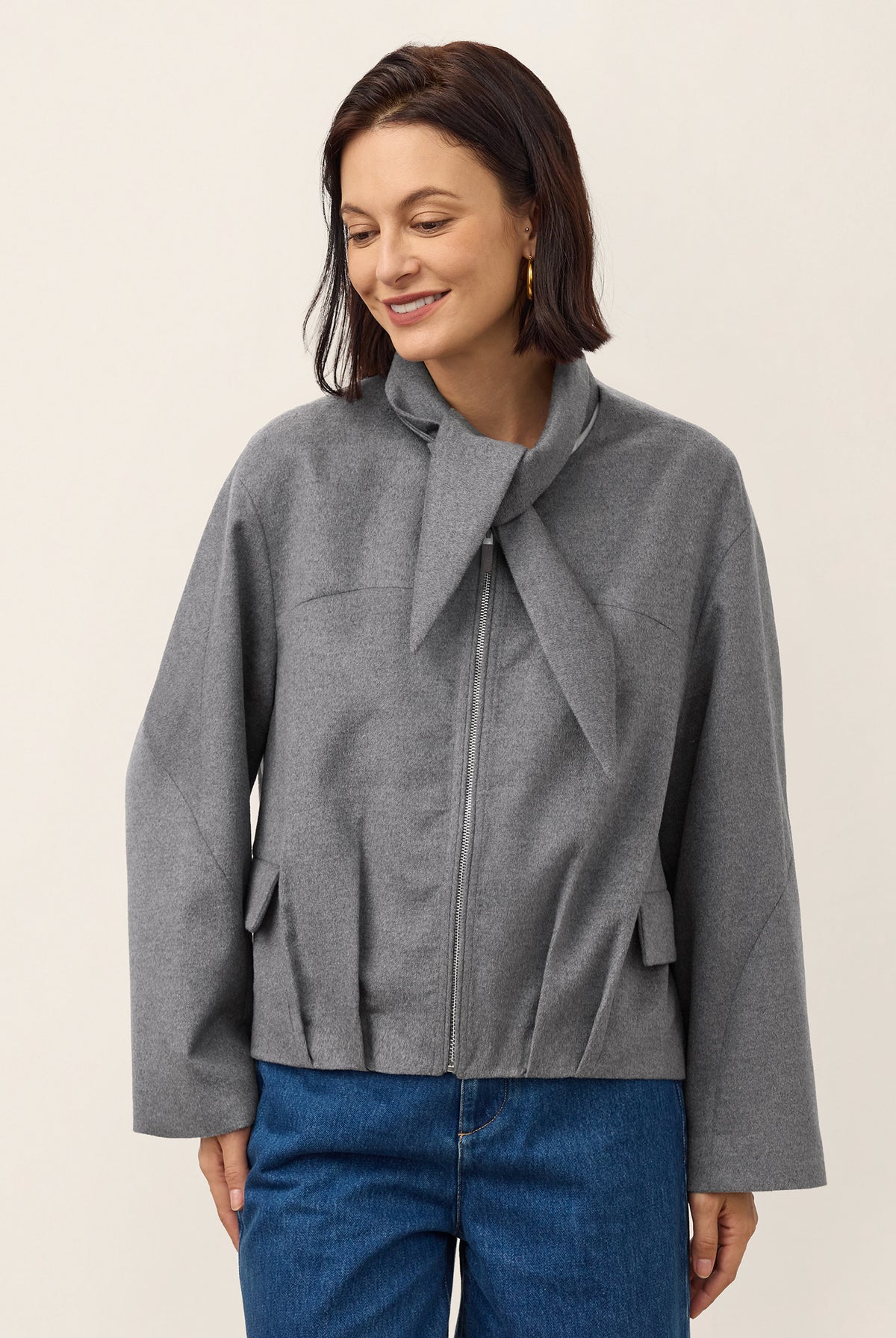 Wool Modular Scarf Collar Jacket MARIELA in Charcoal Grey