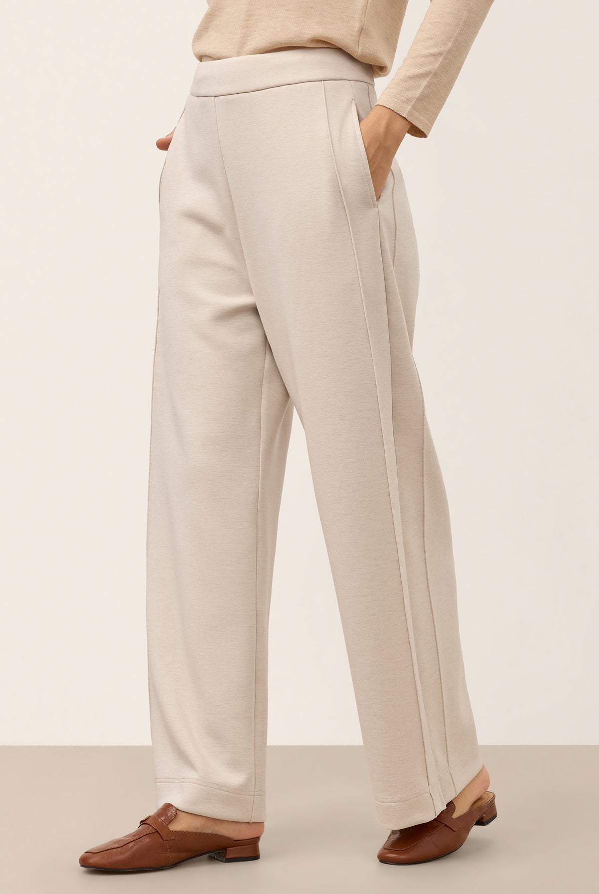 Oat Melange Wool Mid Rise Sculpted Seam Straight Leg Pants RAVELLA