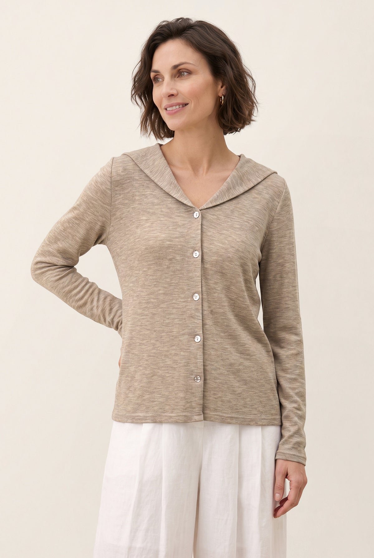 Rose Taupe Wool Hooded Collar Shell Button Knit Cardigan SYLVIE by LINTICO