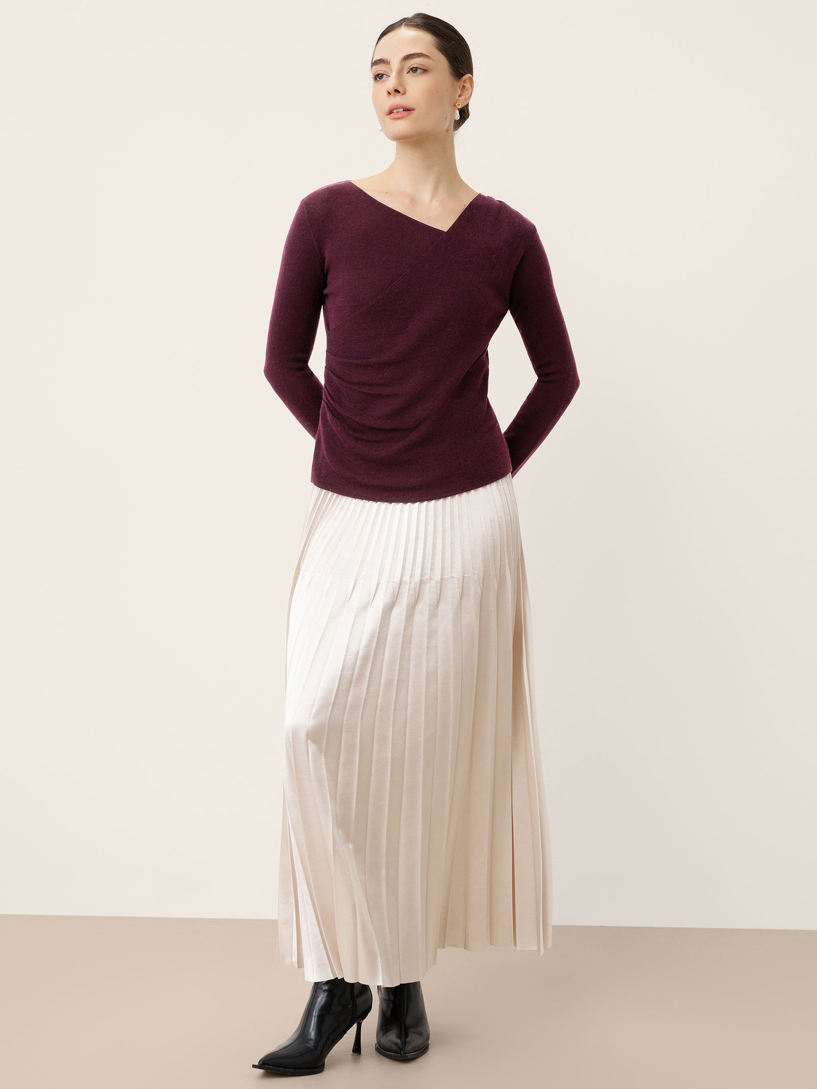 Merino Wool Side-Gathered Crossover V-Neck Top JOVANNA by LINTICO for women