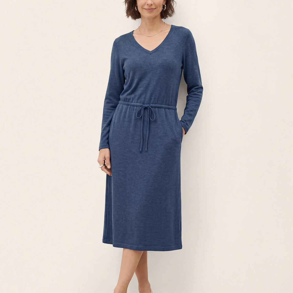 knit drawstring dress Wool V Neck Waist Midi NOEMIE – LINTICO searchable:Wedding guest