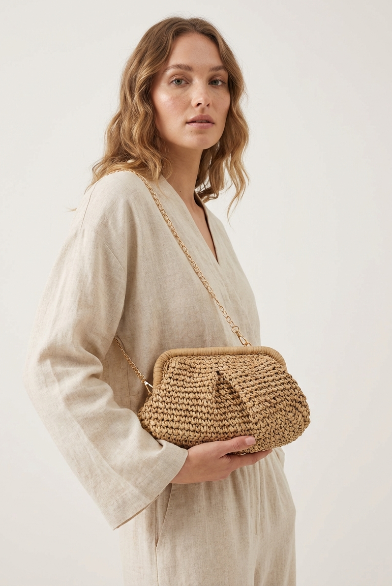 Woven Straw Crossbody Bag with Chain Strap by LINTICO for women