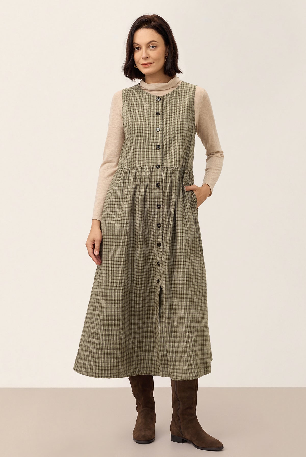 Yarn Dyed Check Gathered Waist Sleeveless Midi Dress CASSARA product image