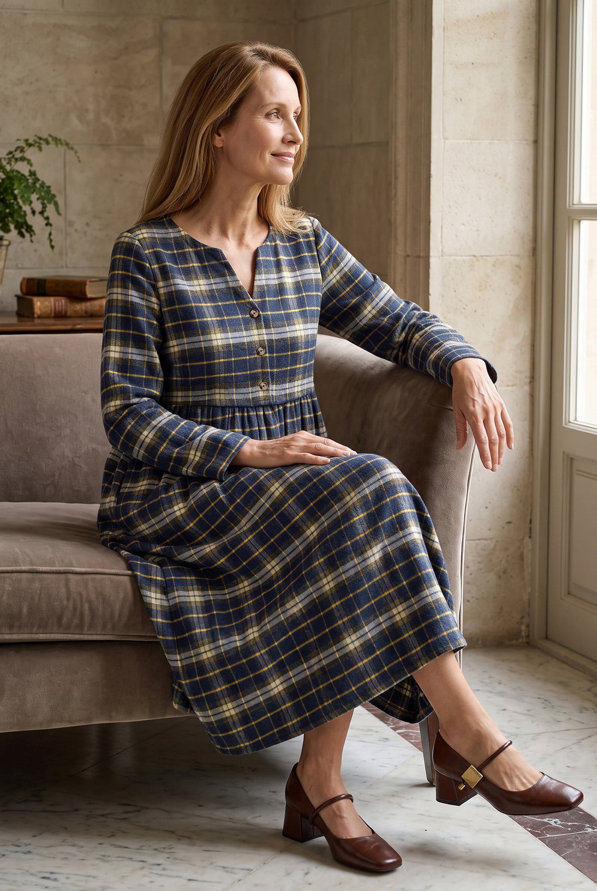 100% Cotton Yarn Dyed Check Split Neck Gathered Waist Midi Dress VIONA in Harbour Plaid