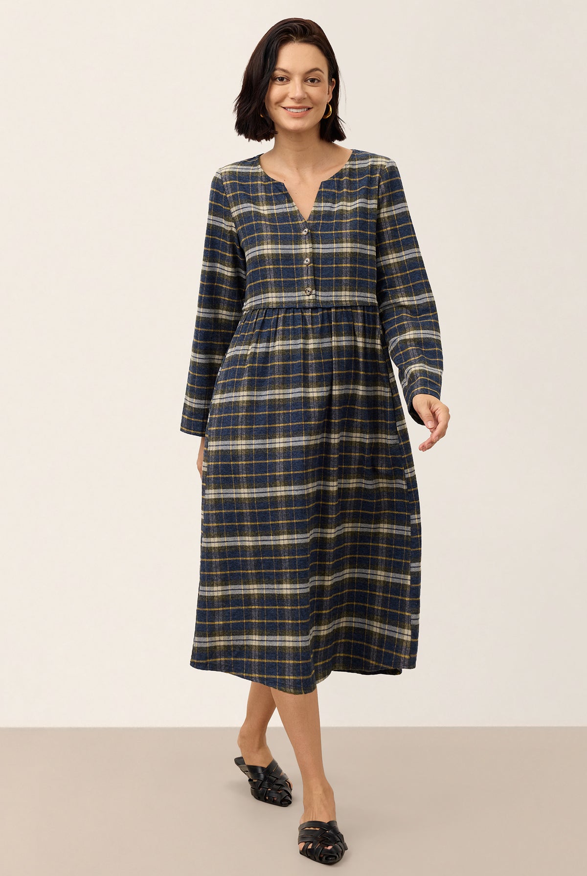 Yarn Dyed Check Split Neck Gathered Waist Midi Dress VIONA product image