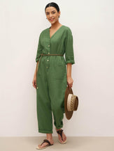 100% Linen Deep V-Neck Oversized Button-Front Jumpsuit LINDEN-with Belt - Sage Green / S - sets & jumpsuits