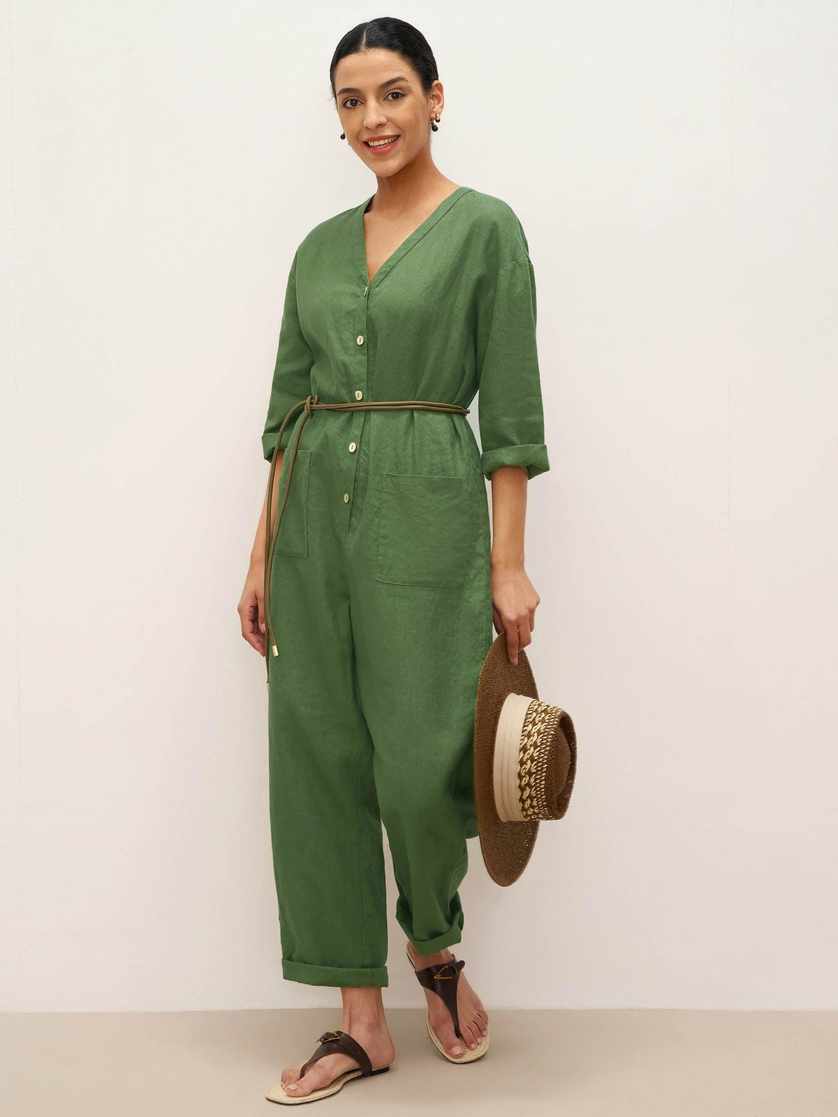 100% Linen Deep V-Neck Oversized Button-Front Jumpsuit LINDEN-with Belt - Sage Green / S - sets & jumpsuits