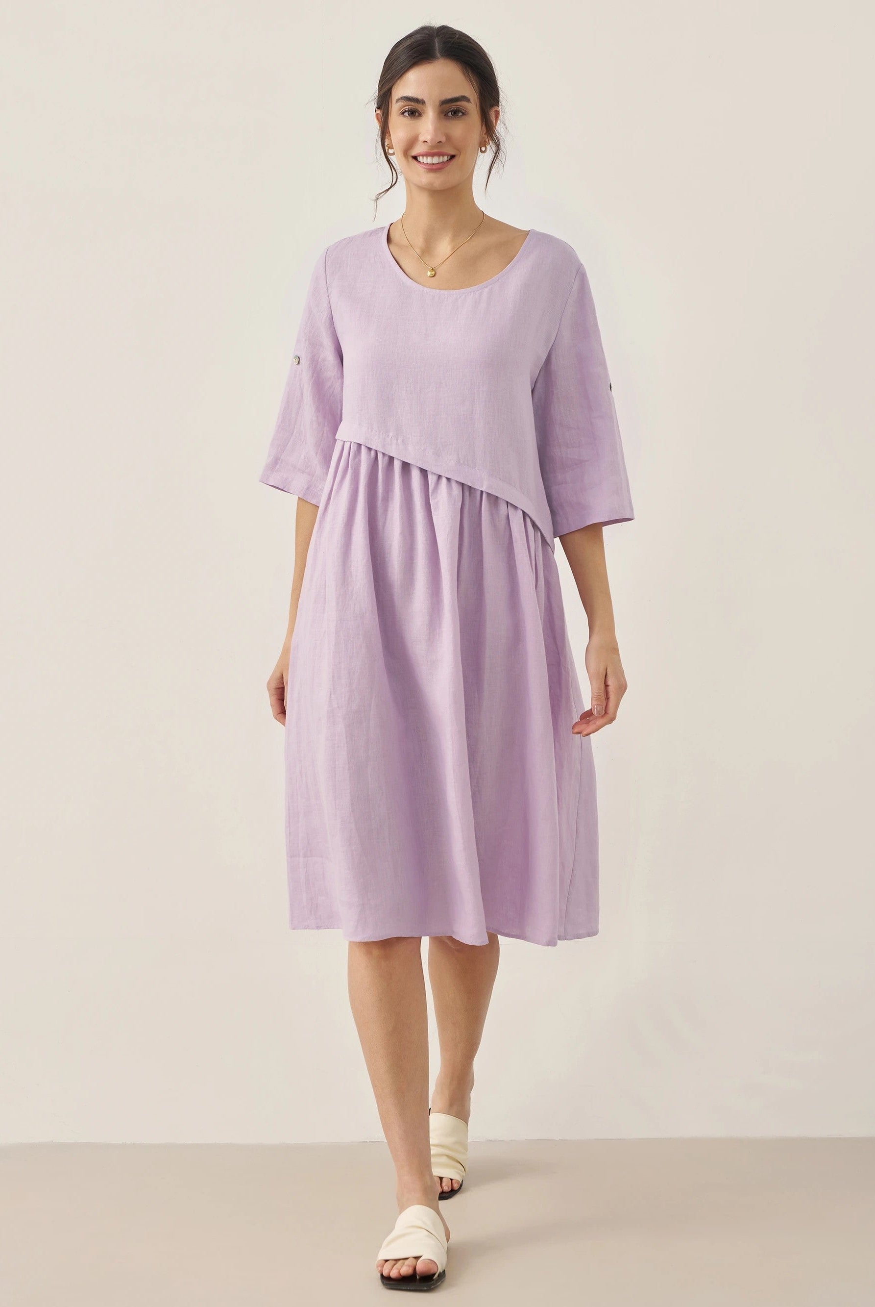 100% LINEN ASYMMETRICAL PLEATED ROUND NECK MIDI DRESS