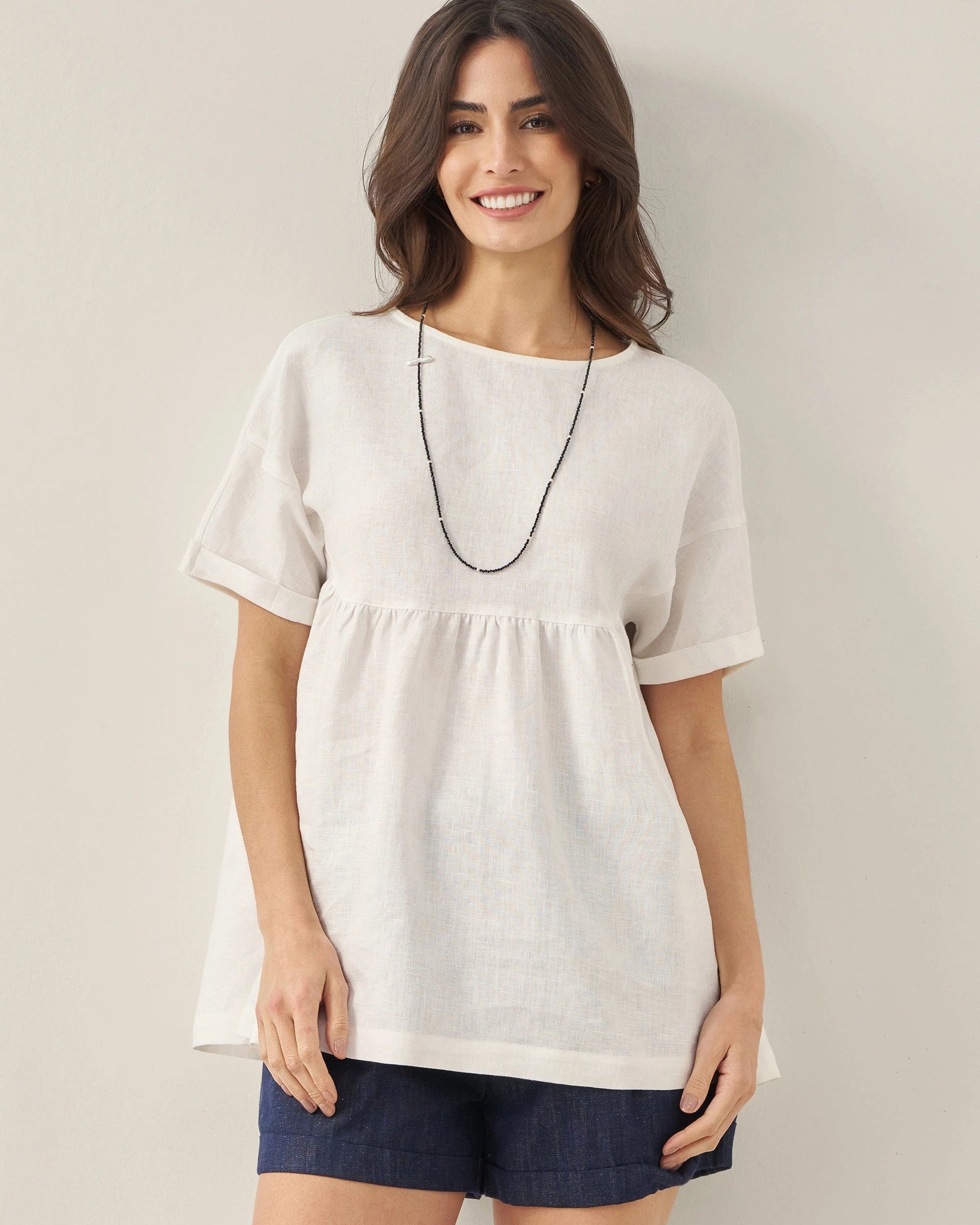 100% Linen Round Neck Pleated Pullover Top