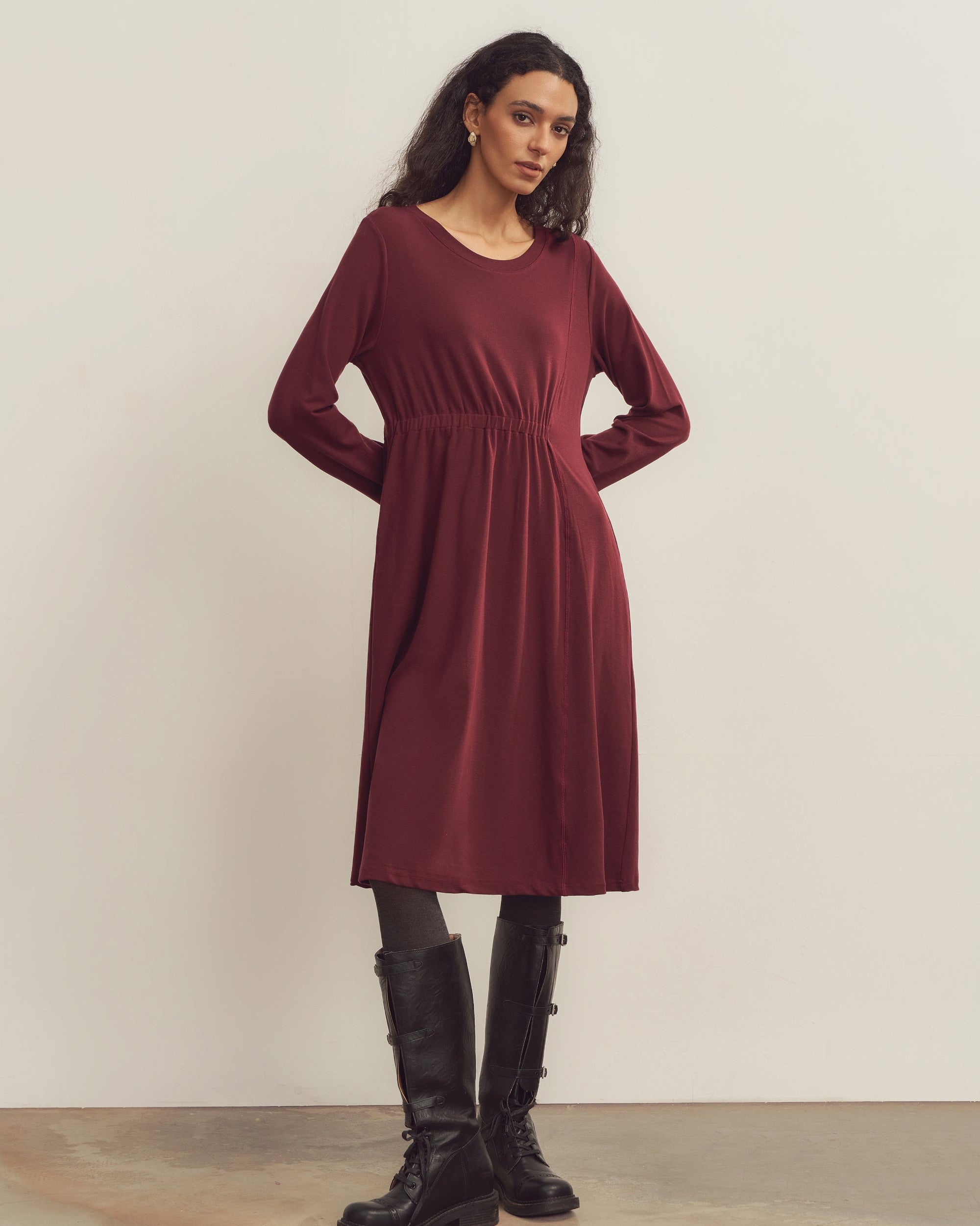 Merino Wool Waist Shirring-Detail Dress