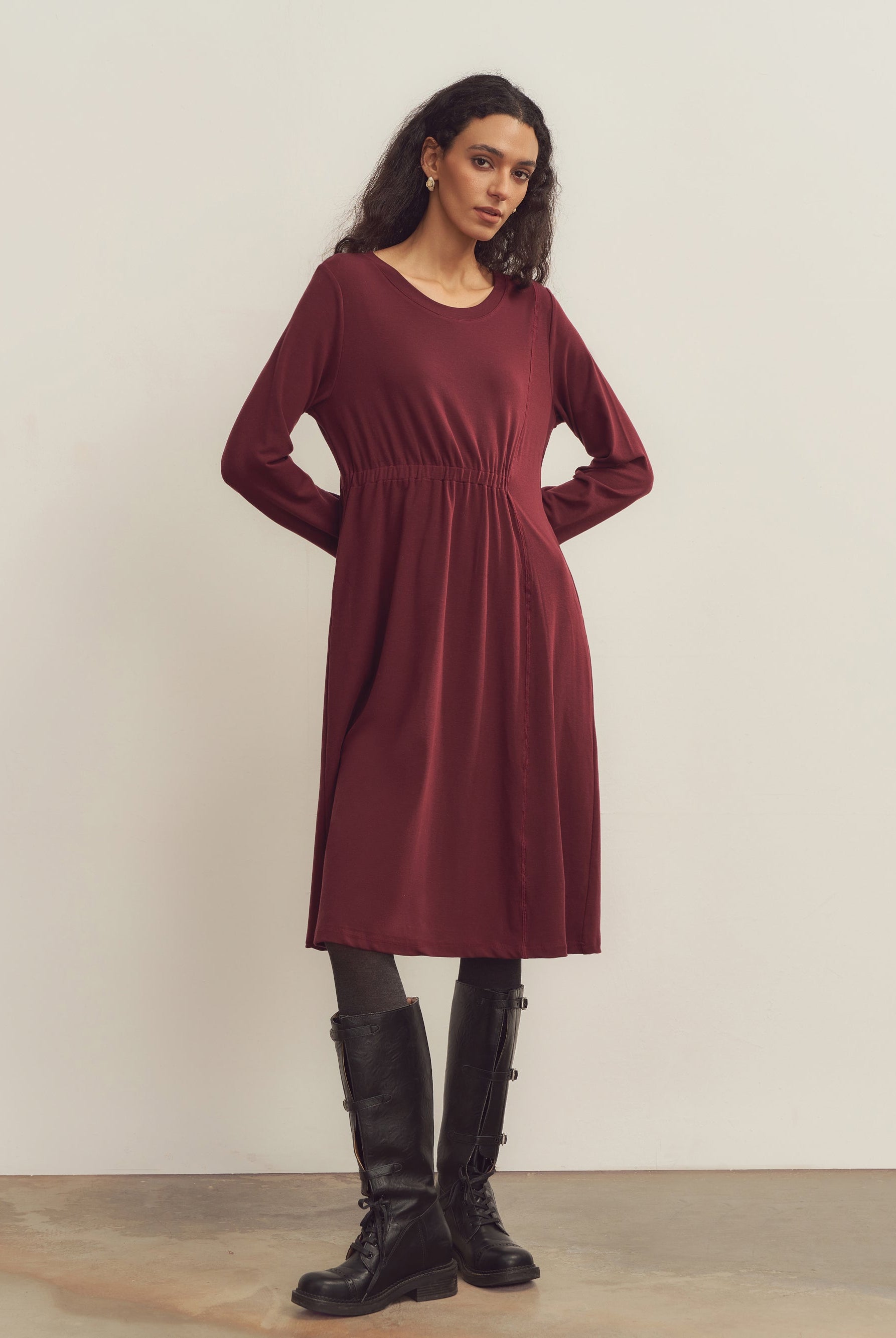 Merino Wool Waist Shirring-Detail Dress