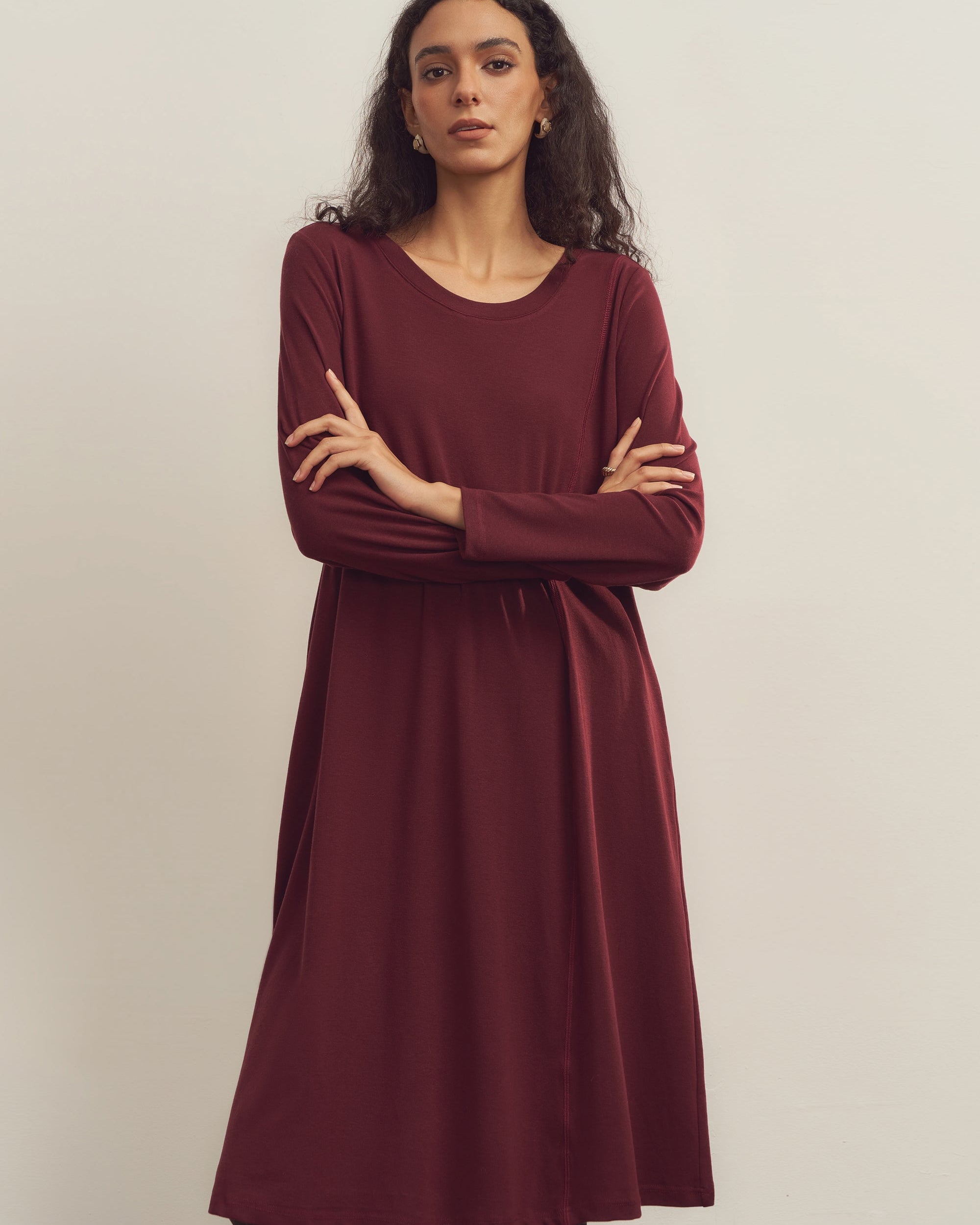 Merino Wool Waist Shirring-Detail Dress