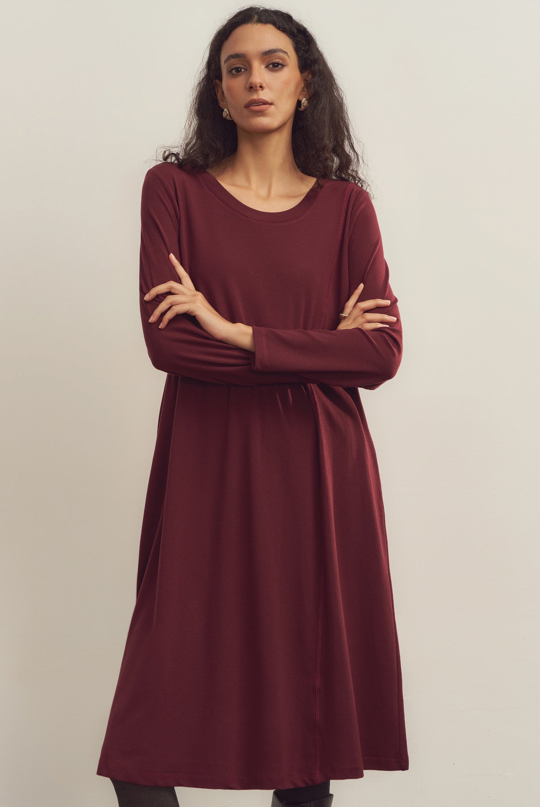 Merino Wool Waist Shirring-Detail Dress