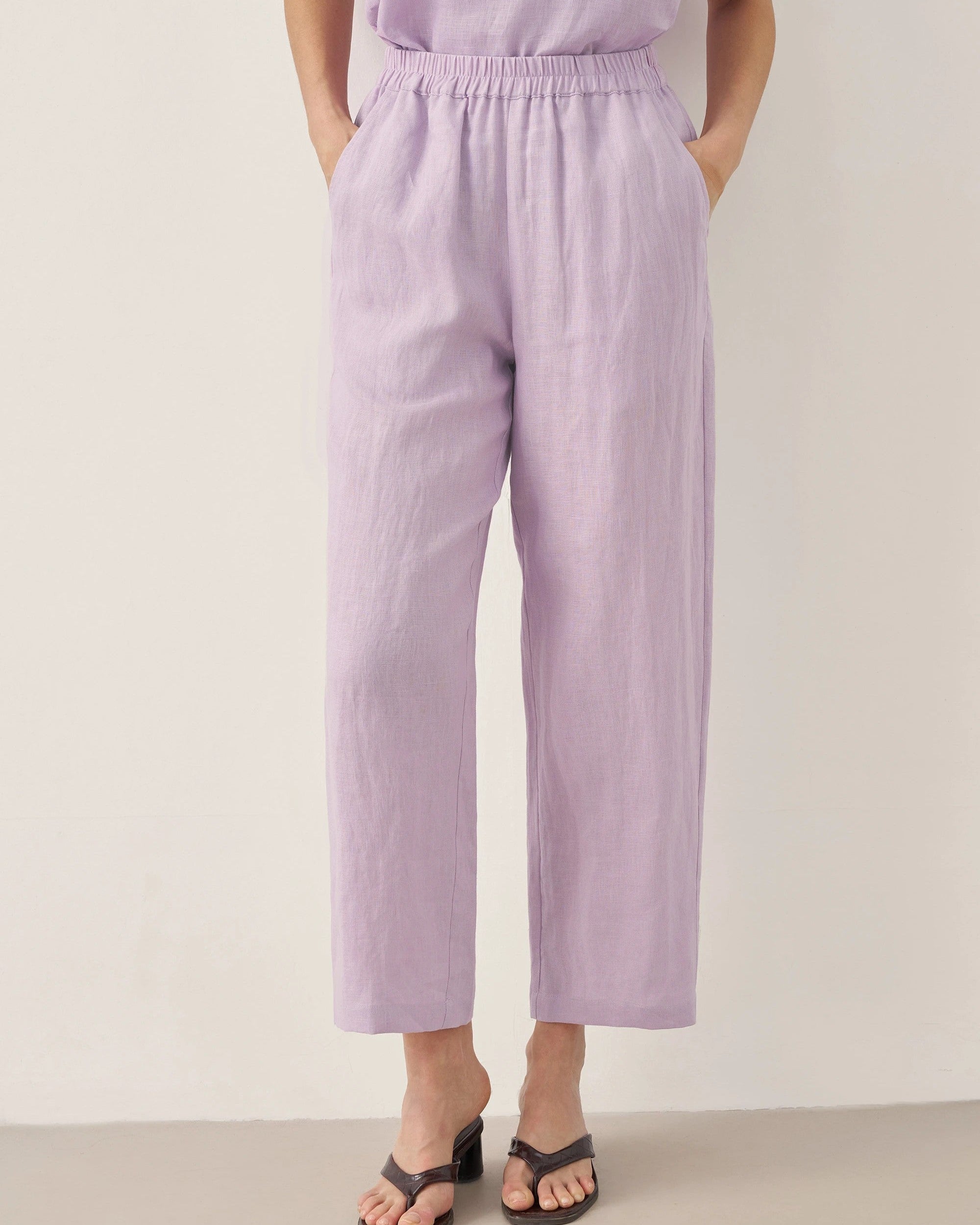 100% LINEN SHORT-SLEEVE ROUND NECK BUTTON DETAIL TOP & PANTS SET