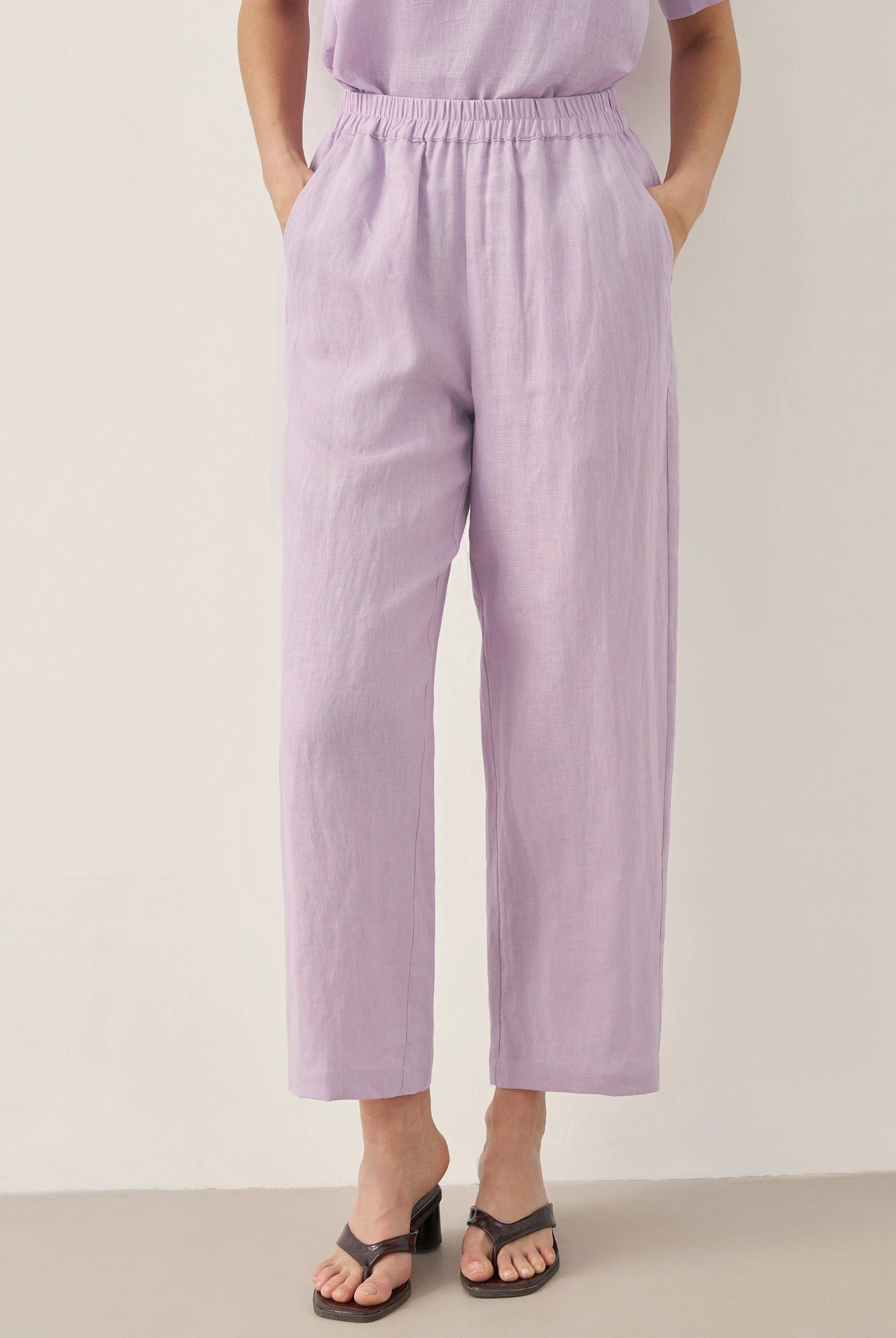 100% LINEN SHORT-SLEEVE ROUND NECK BUTTON DETAIL TOP & PANTS SET